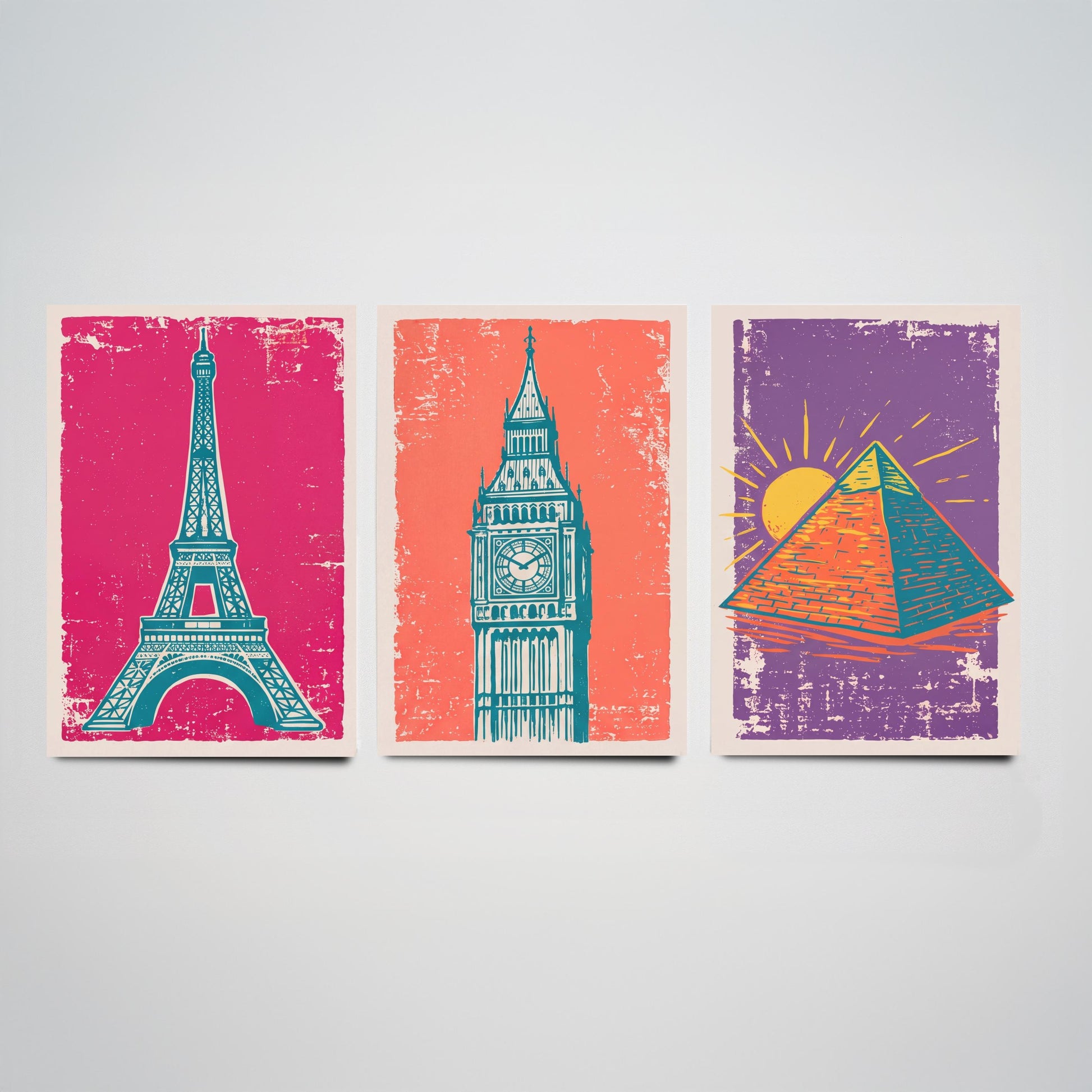 Set of Three World Landmarks Art Prints - Eiffel Tower, Clock Tower & Pyramid - Linocut Style Illustrations - Travel Posters V1