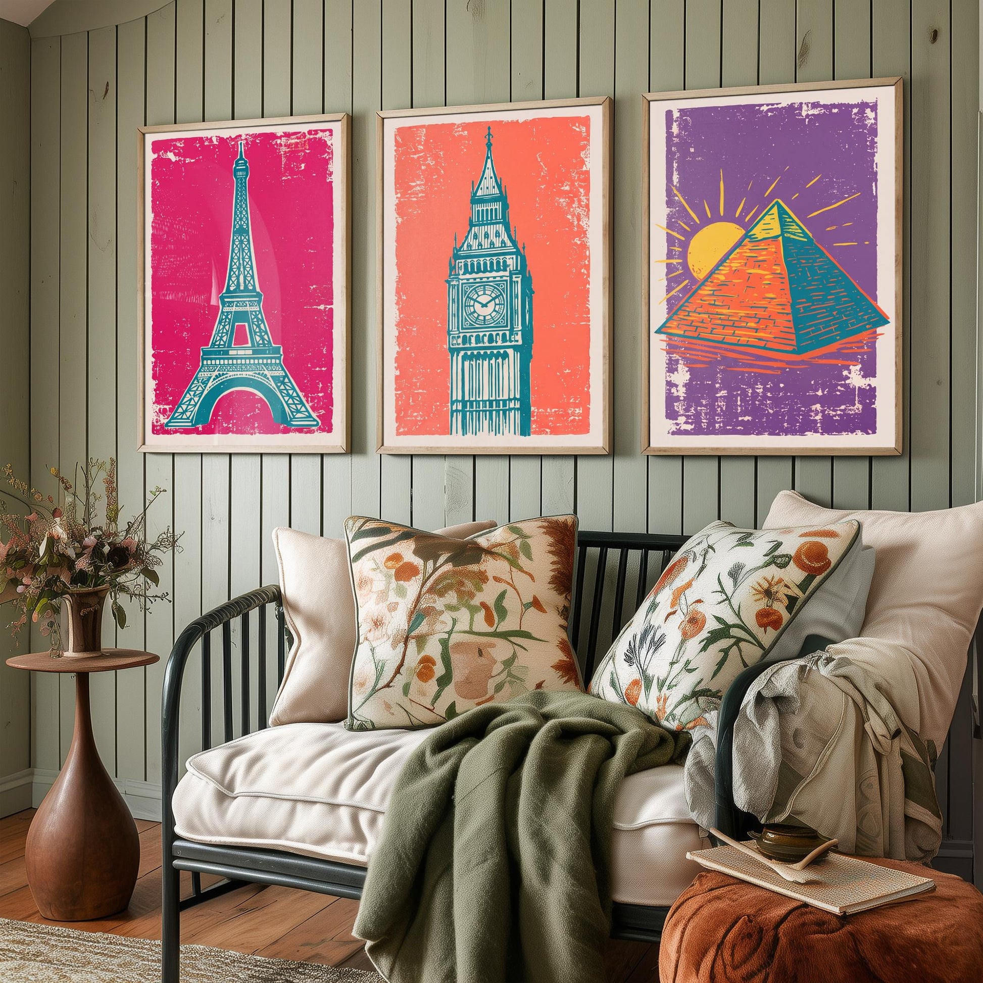 Set of Three World Landmarks Art Prints - Eiffel Tower, Clock Tower & Pyramid - Linocut Style Illustrations - Travel Posters V1