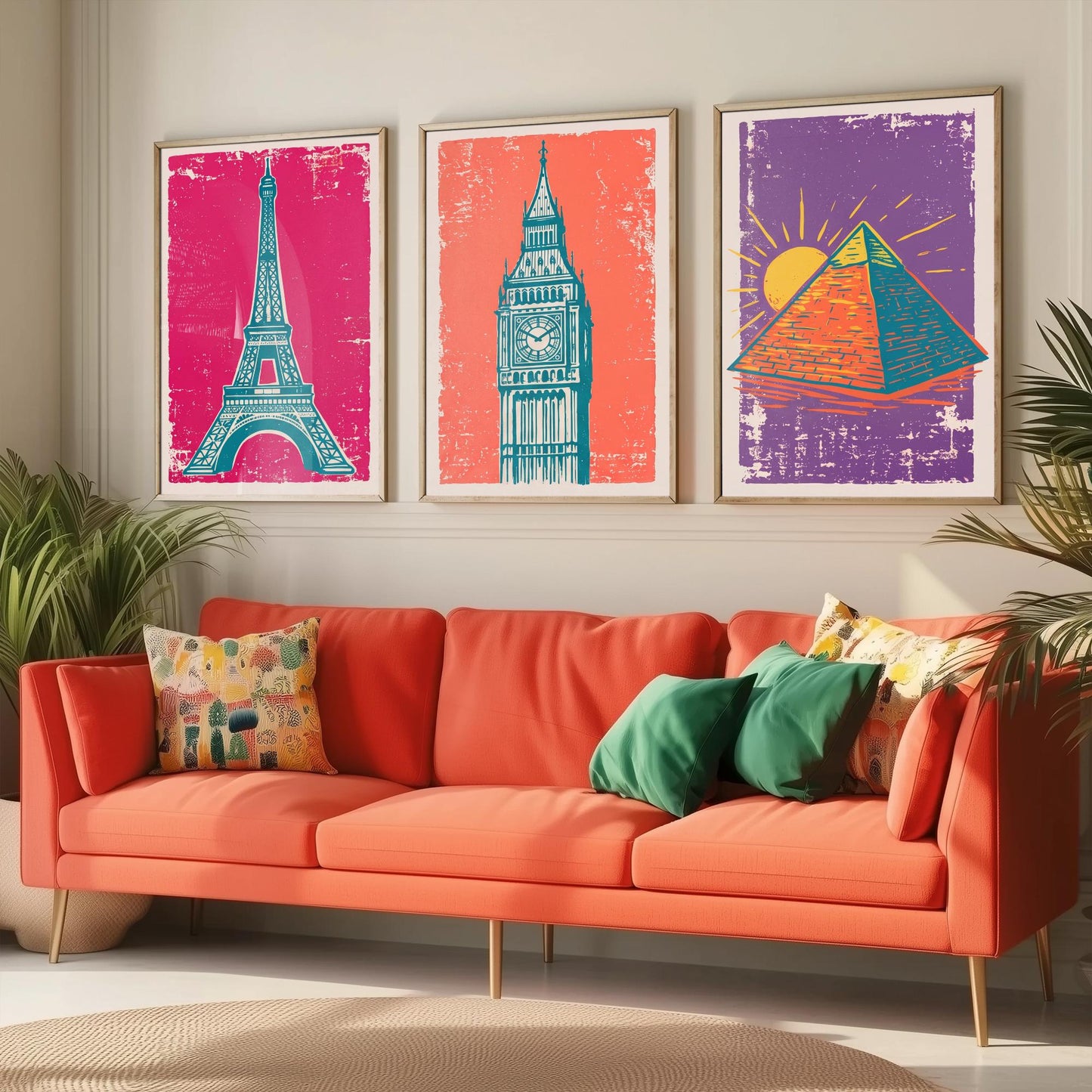 Set of Three World Landmarks Art Prints - Eiffel Tower, Clock Tower & Pyramid - Linocut Style Illustrations - Travel Posters V1