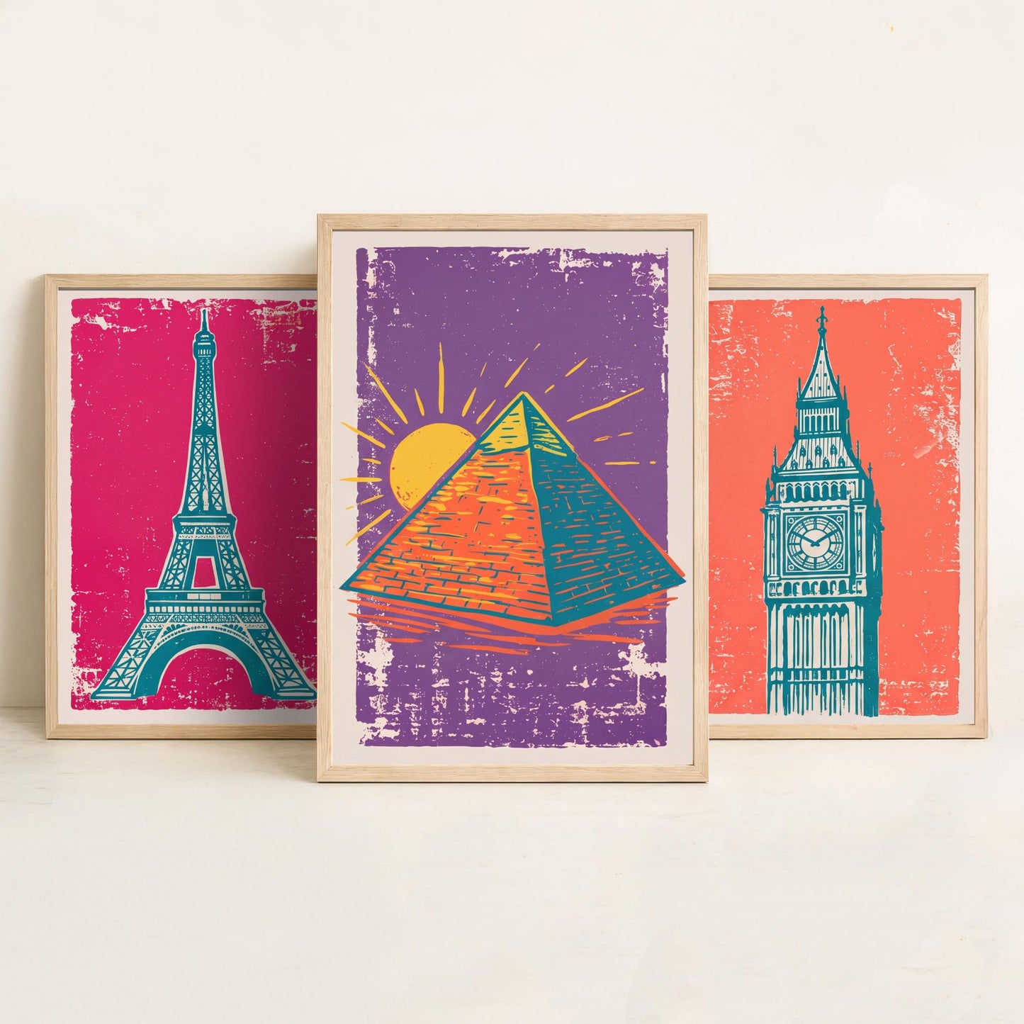 Set of Three World Landmarks Art Prints - Eiffel Tower, Clock Tower & Pyramid - Linocut Style Illustrations - Travel Posters V1