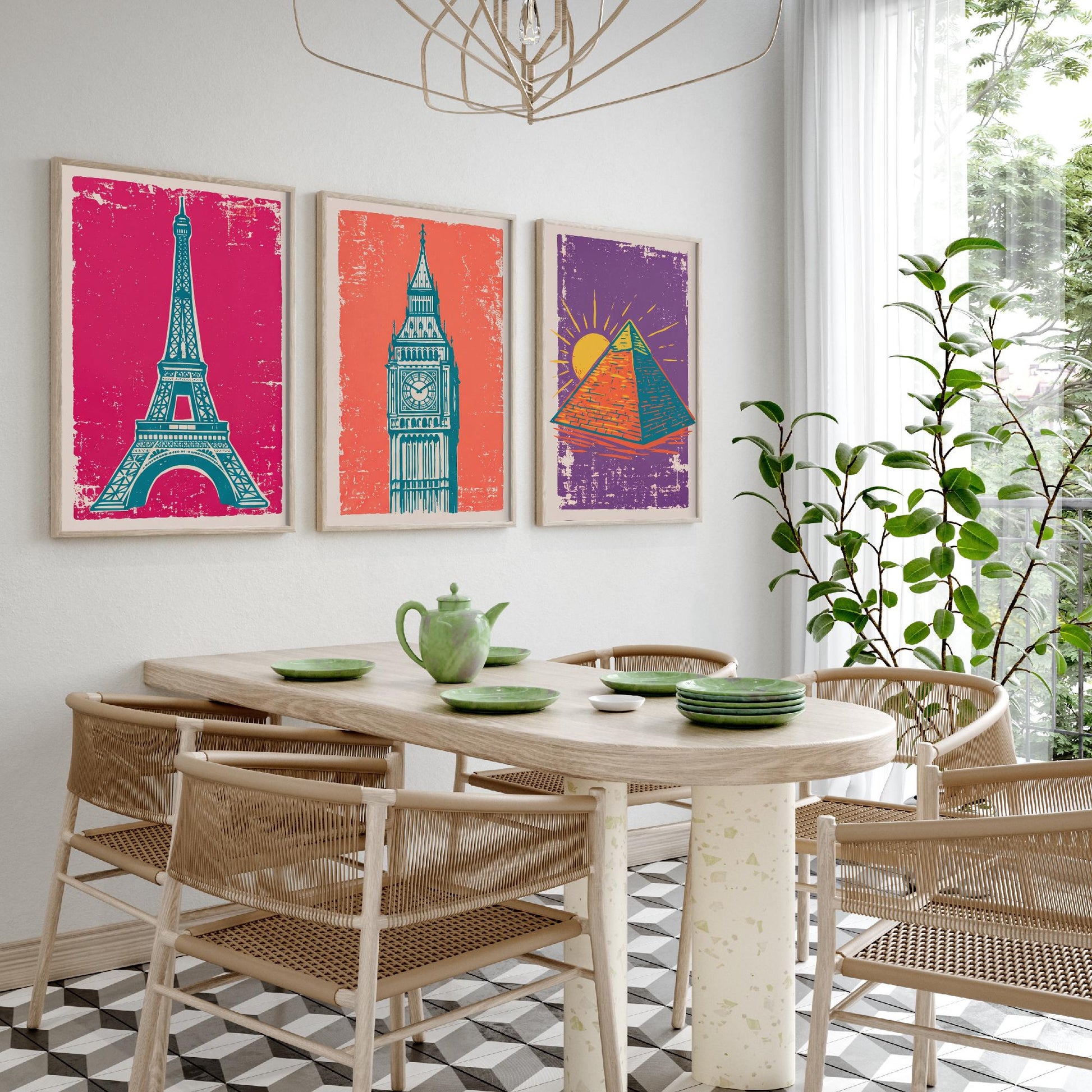 Set of Three World Landmarks Art Prints - Eiffel Tower, Clock Tower & Pyramid - Linocut Style Illustrations - Travel Posters V1