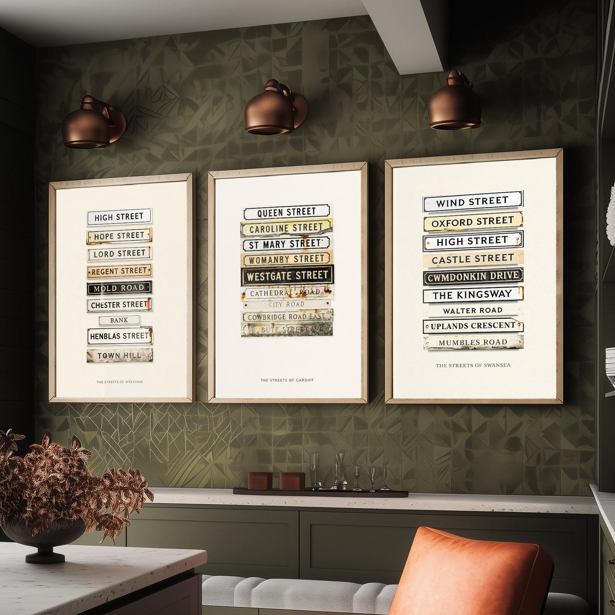 Wales Set of Three Art Prints - Wrexham, Cardiff and Swansea Street Signs - Vintage Enamel Road Plate Illustration Posters