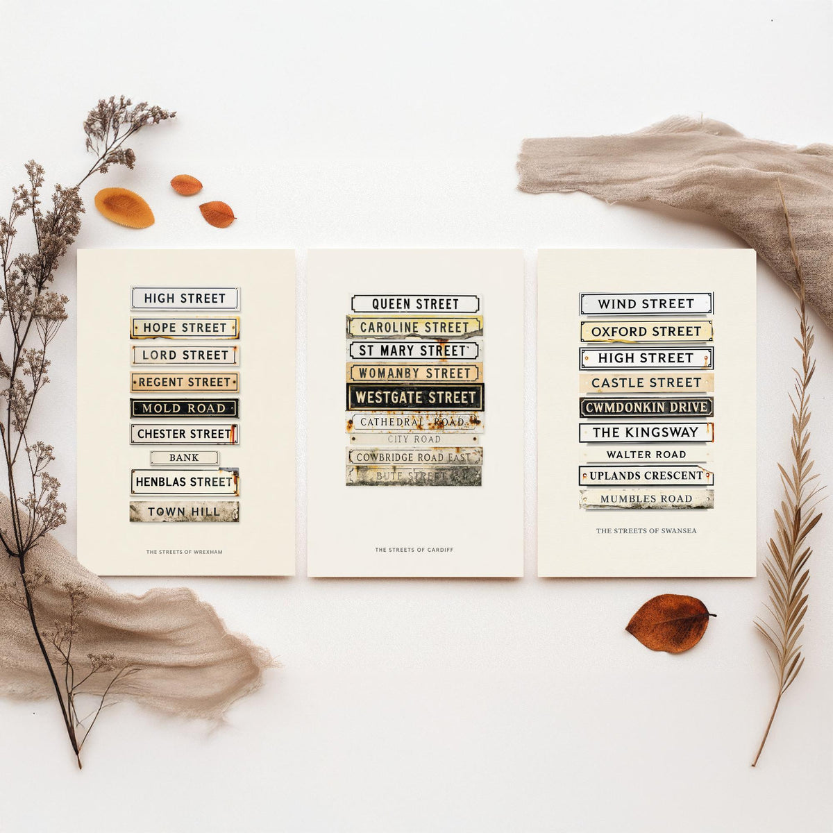 Wales Set of Three Art Prints - Wrexham, Cardiff and Swansea Street Signs - Vintage Enamel Road Plate Illustration Posters