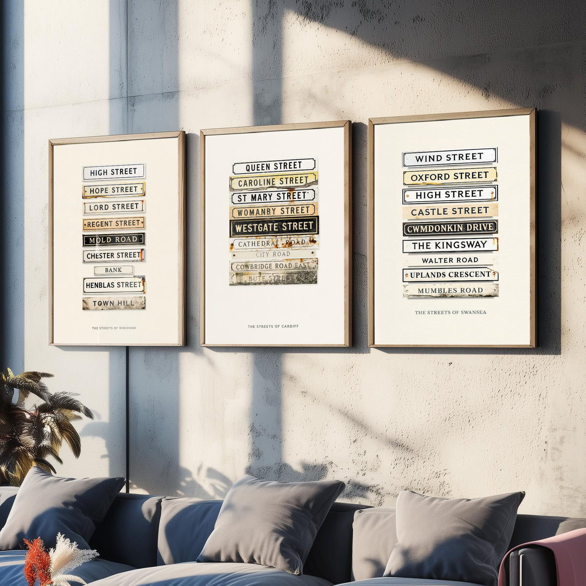 Wales Set of Three Art Prints - Wrexham, Cardiff and Swansea Street Signs - Vintage Enamel Road Plate Illustration Posters
