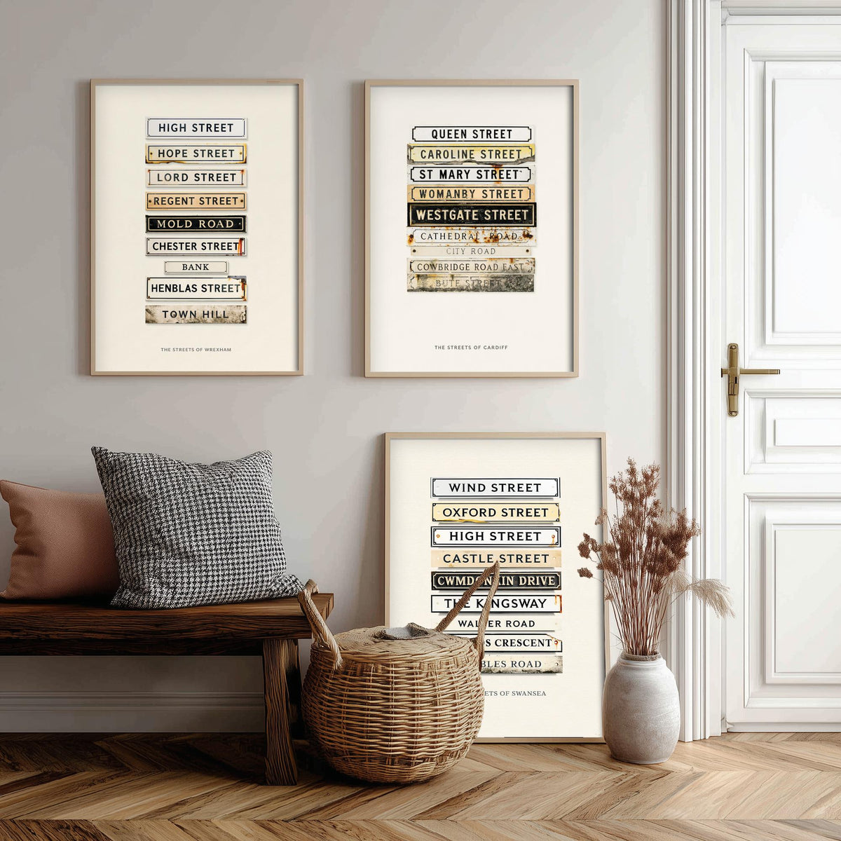 Wales Set of Three Art Prints - Wrexham, Cardiff and Swansea Street Signs - Vintage Enamel Road Plate Illustration Posters