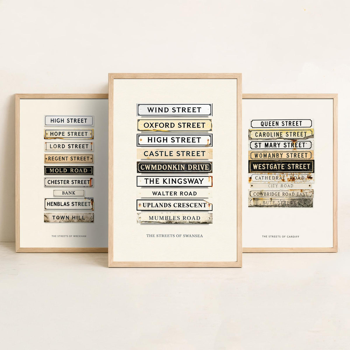 Wales Set of Three Art Prints - Wrexham, Cardiff and Swansea Street Signs - Vintage Enamel Road Plate Illustration Posters