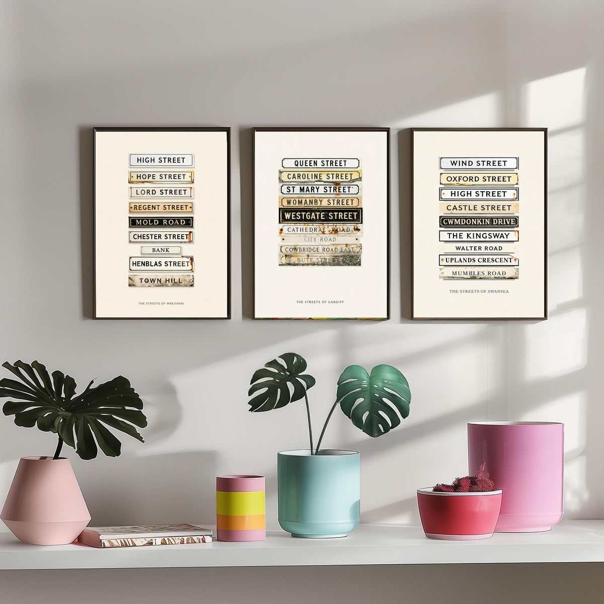 Wales Set of Three Art Prints - Wrexham, Cardiff and Swansea Street Signs - Vintage Enamel Road Plate Illustration Posters