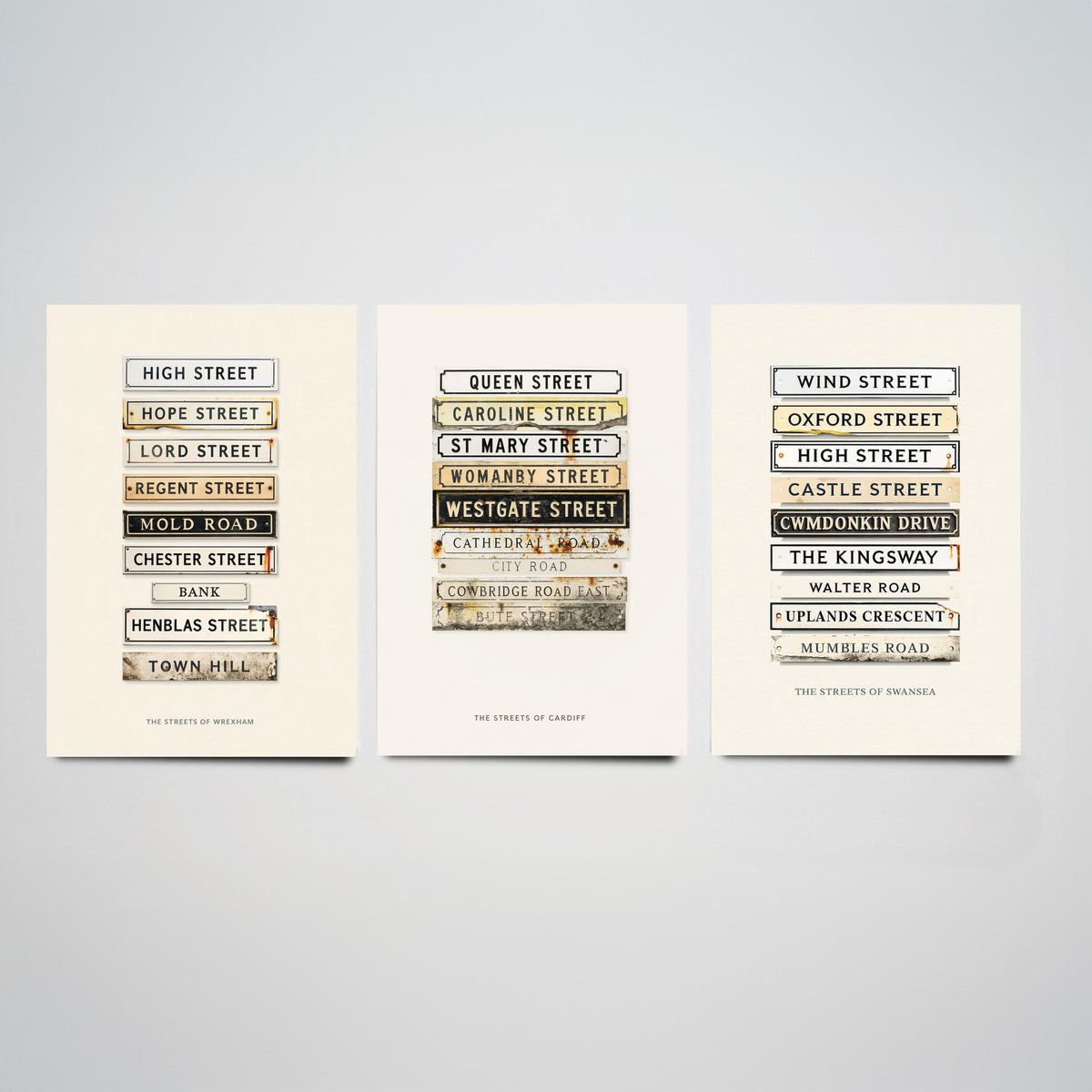 Wales Set of Three Art Prints - Wrexham, Cardiff and Swansea Street Signs - Vintage Enamel Road Plate Illustration Posters
