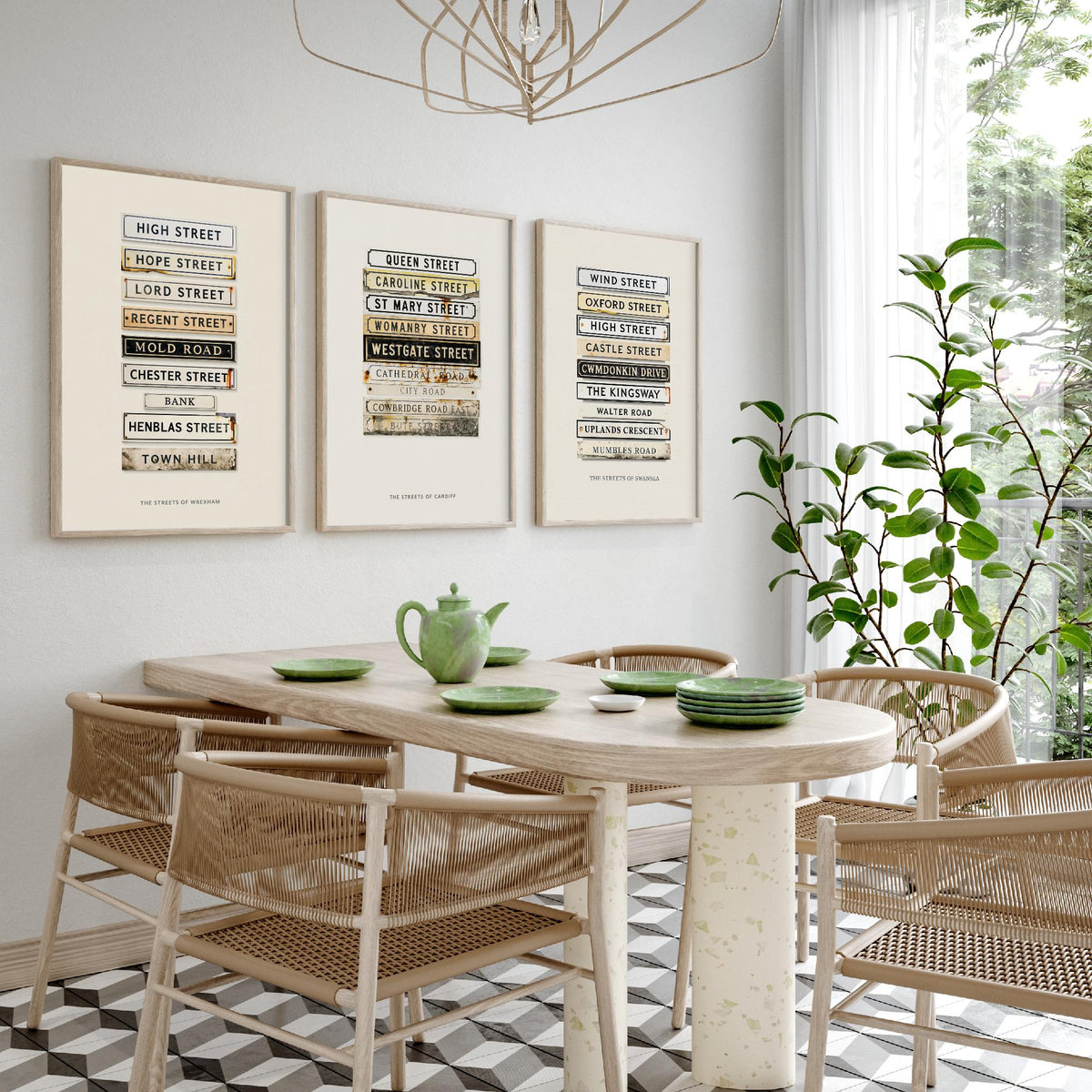 Wales Set of Three Art Prints - Wrexham, Cardiff and Swansea Street Signs - Vintage Enamel Road Plate Illustration Posters