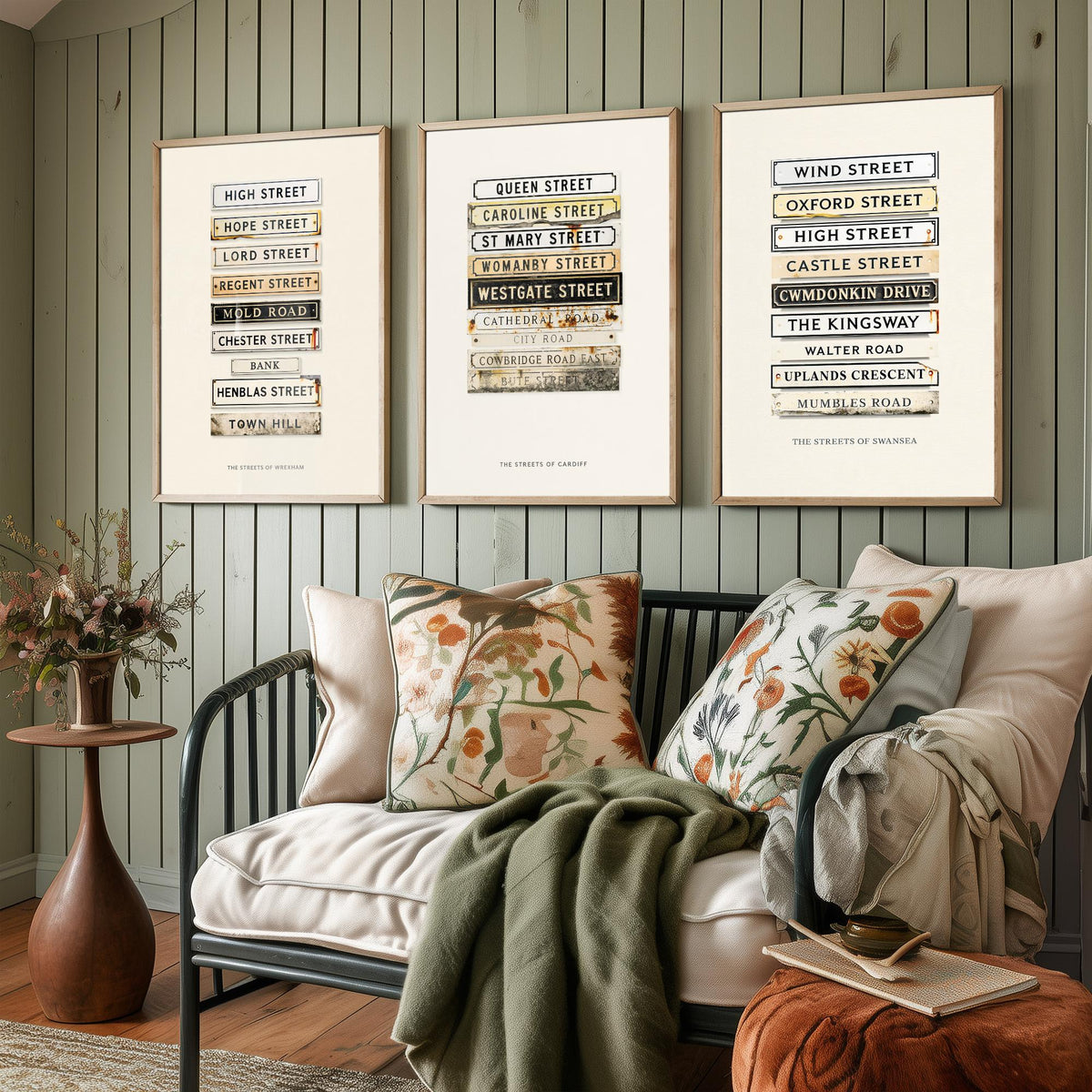 Wales Set of Three Art Prints - Wrexham, Cardiff and Swansea Street Signs - Vintage Enamel Road Plate Illustration Posters