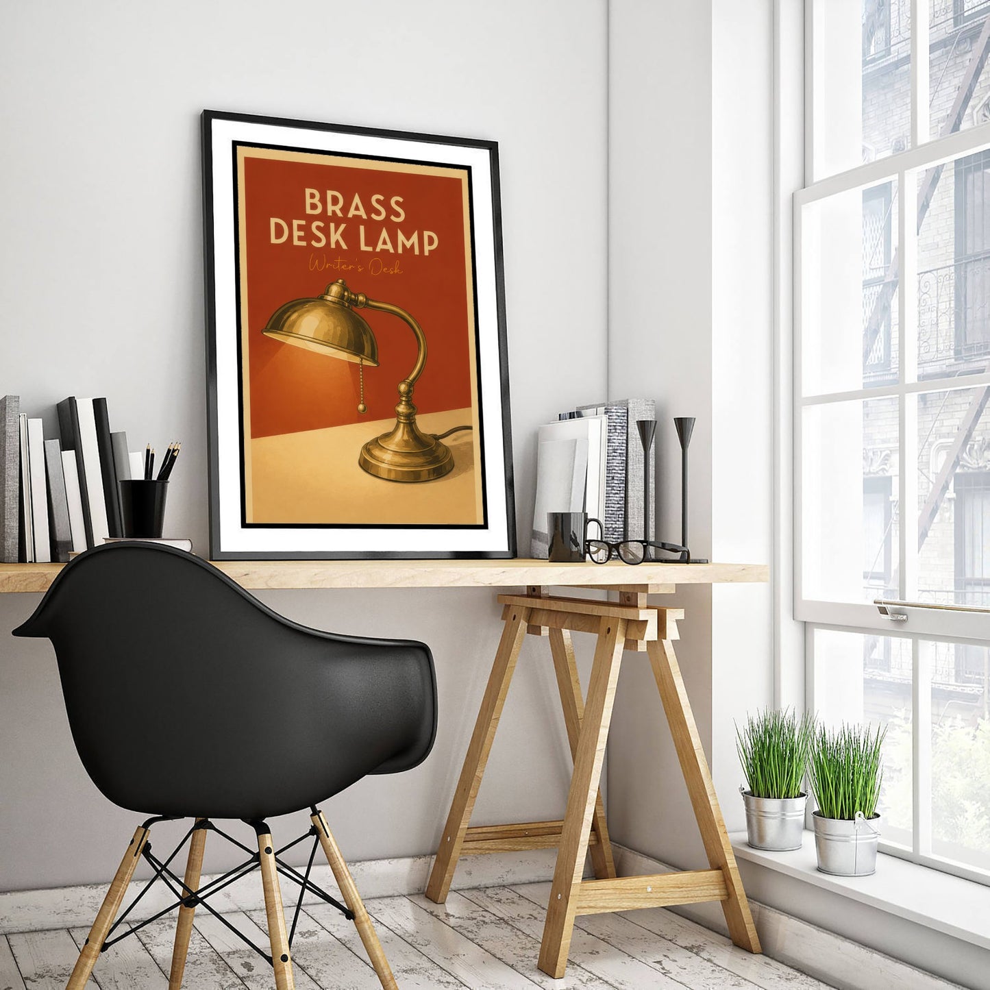 Vintage Brass Desk Lamp Art Print - Writer's Desk Poster - Study Illustration - Author Office Wall Art 2/3
