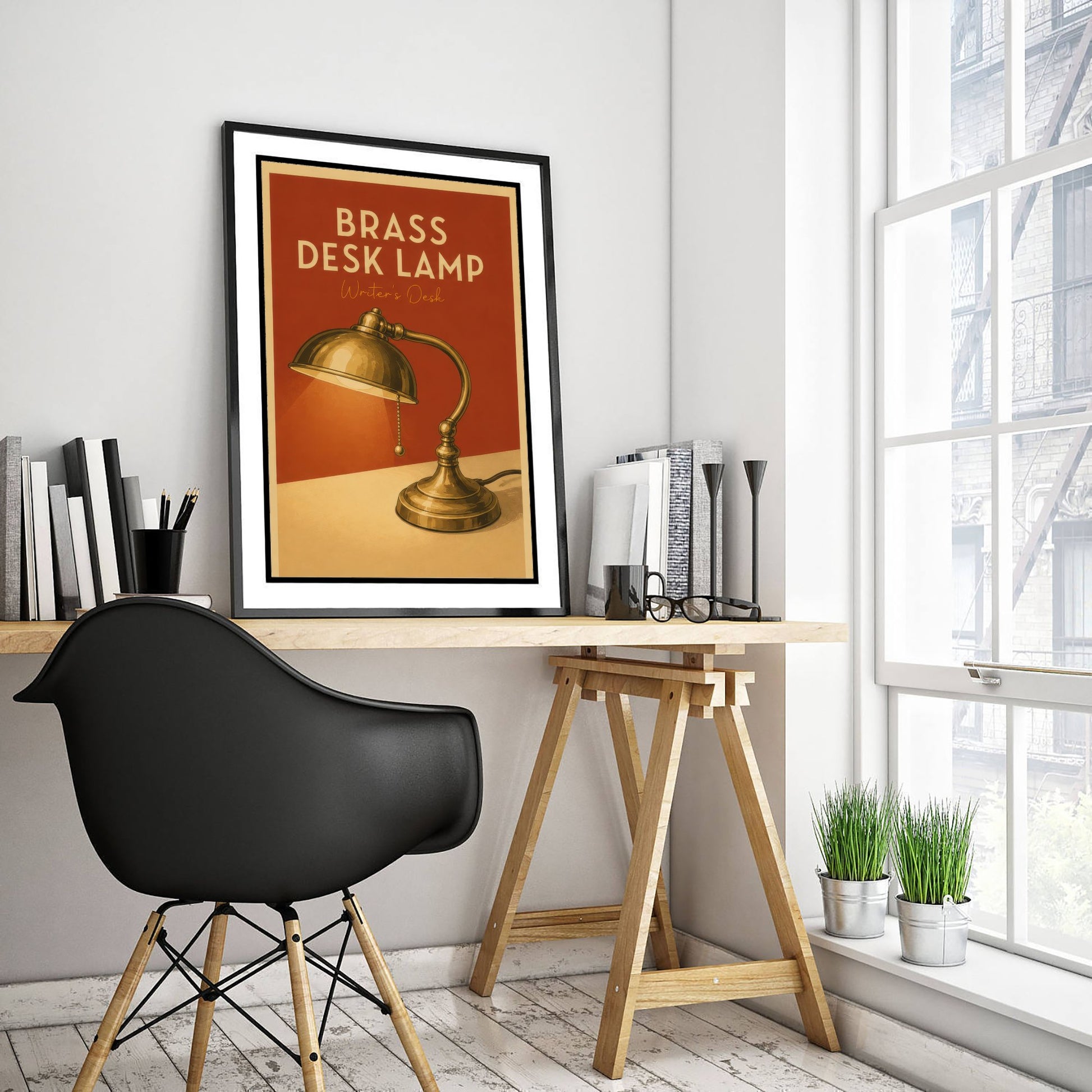 Vintage Brass Desk Lamp Art Print - Writer's Desk Poster - Study Illustration - Author Office Wall Art 2/3