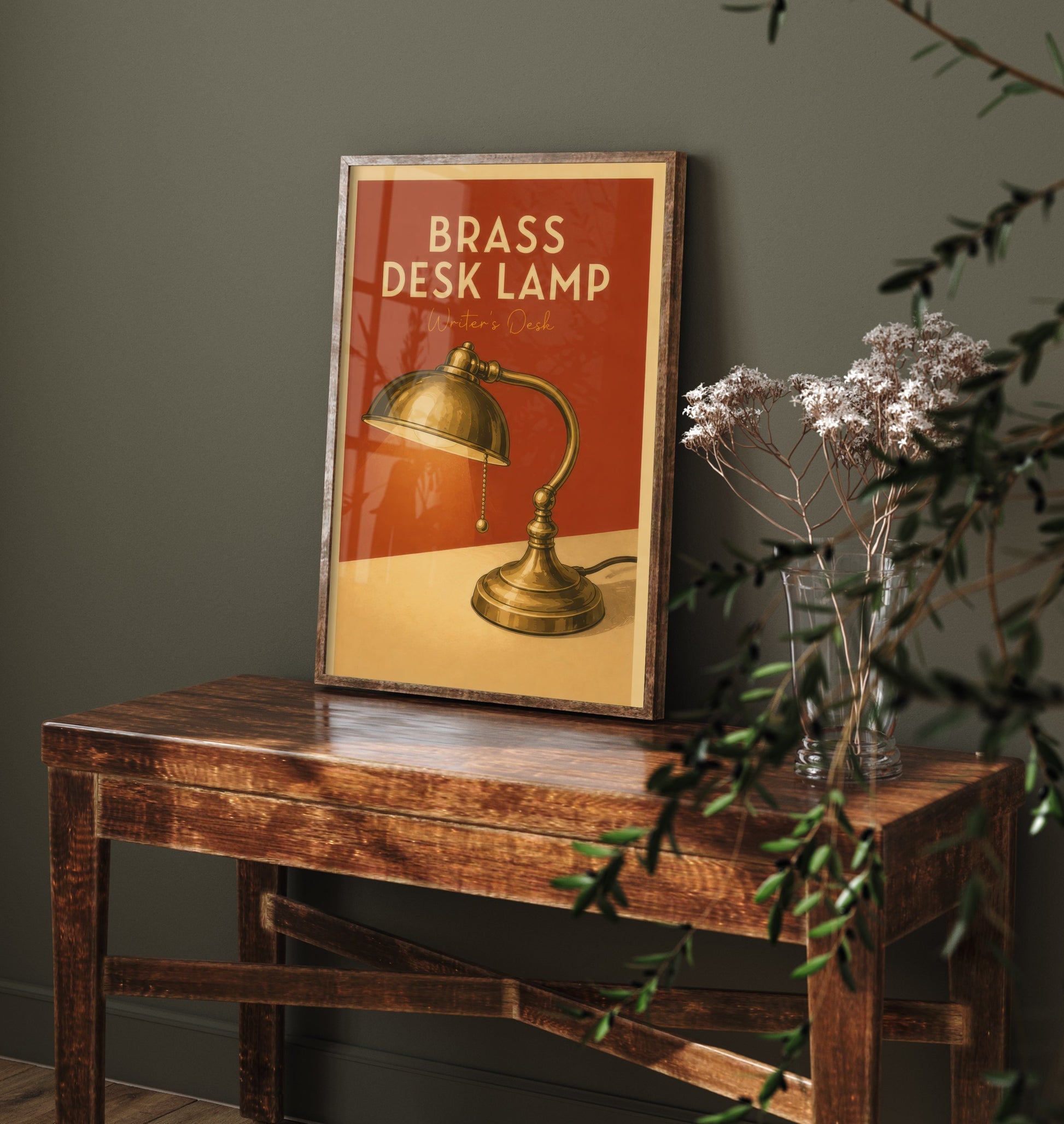 Vintage Brass Desk Lamp Art Print - Writer's Desk Poster - Study Illustration - Author Office Wall Art 2/3