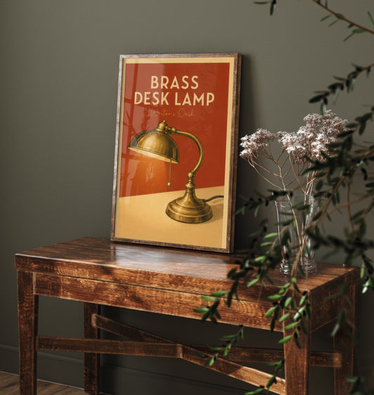 Vintage Brass Desk Lamp Art Print - Writer's Desk Poster - Study Illustration - Author Office Wall Art 2/3