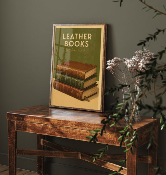 Vintage Leather Books Art Print - Writer's Desk Poster - Study Illustration - Author Office Wall Art 3/3