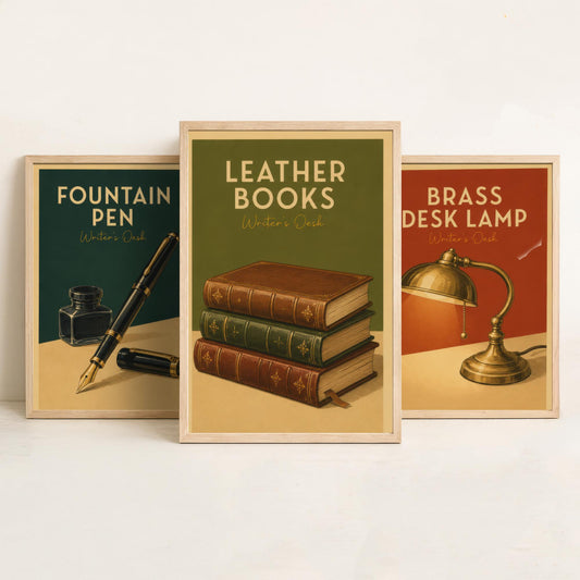 Vintage Writer's Desk Set of Three Art Prints - Fountain Pen, Brass Lamp, Leather Books - Retro Poster Illustration Gift Decor