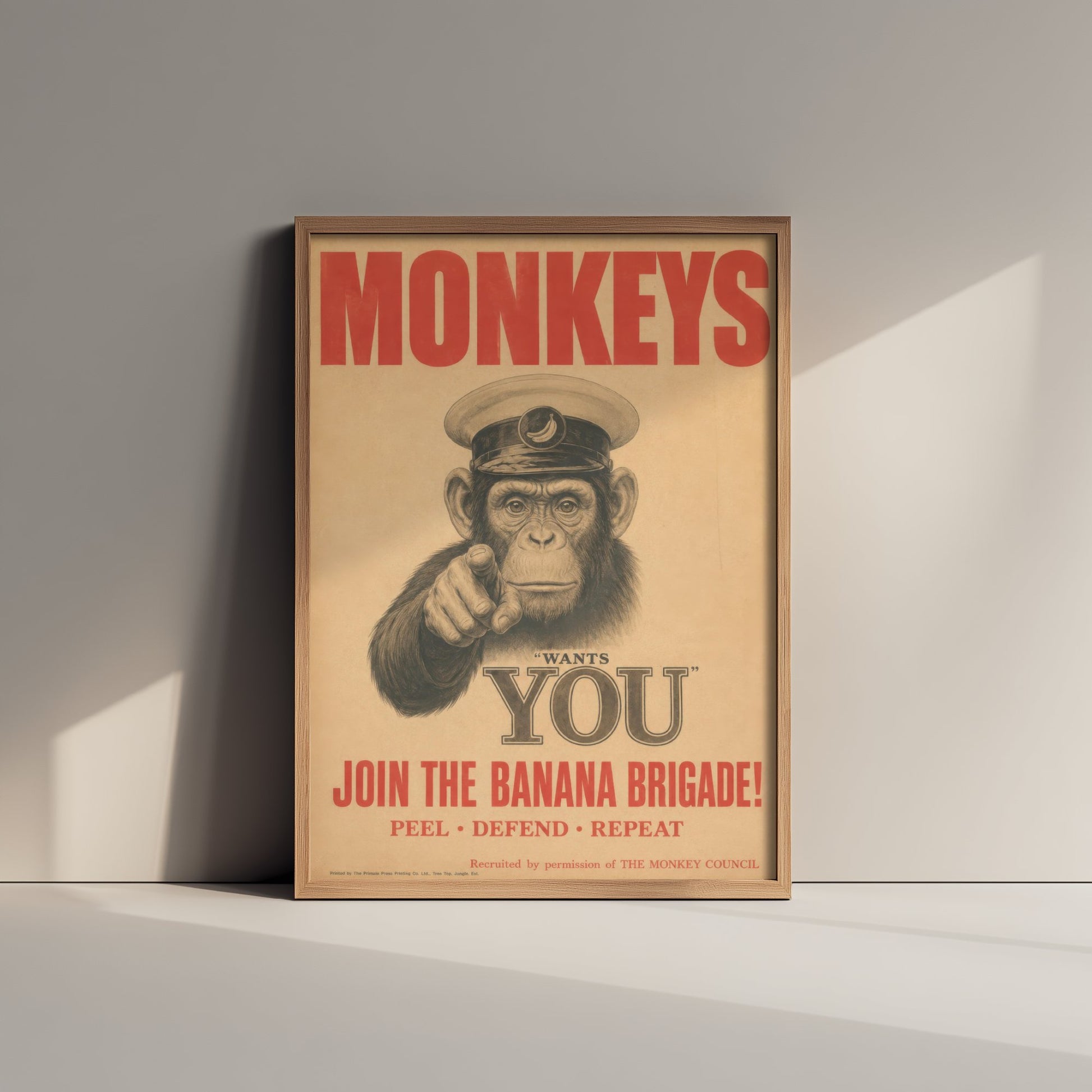 Monkey Wants You Art Print - Funny Vintage Poster - Quirky Animal Illustration - Join the Banana Brigade 2/3