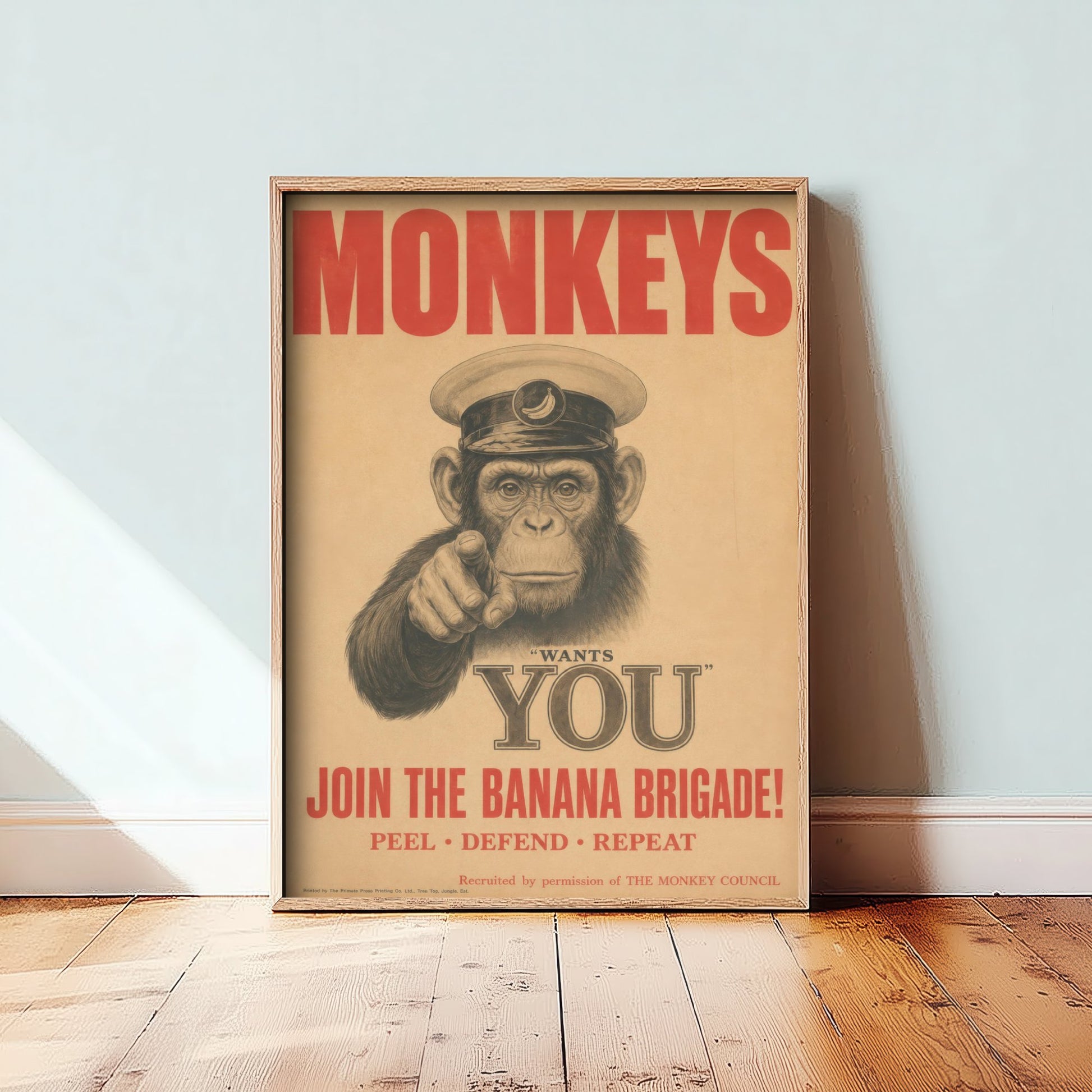 Monkey Wants You Art Print - Funny Vintage Poster - Quirky Animal Illustration - Join the Banana Brigade 2/3
