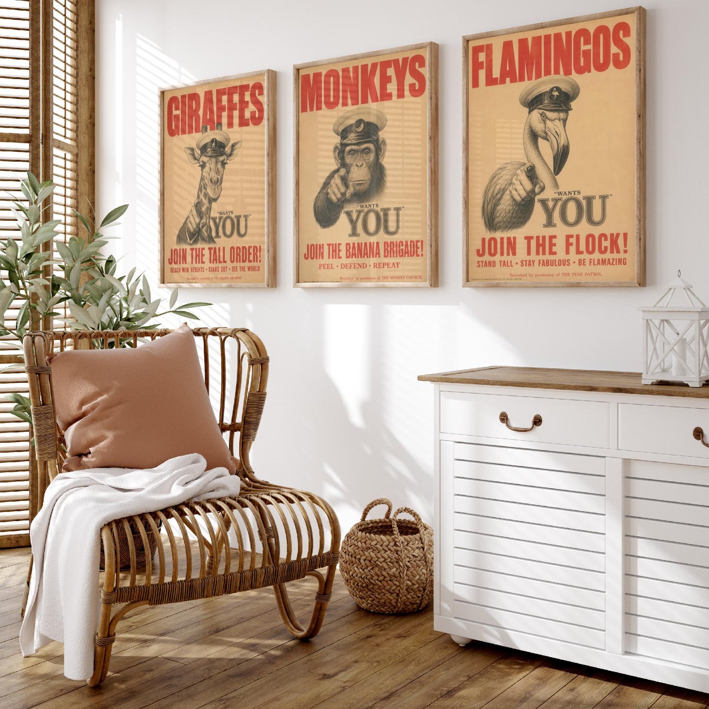 Giraffe Monkey Flamingo Want You Set of Three Art Prints | Funny Animal Illustration Poster