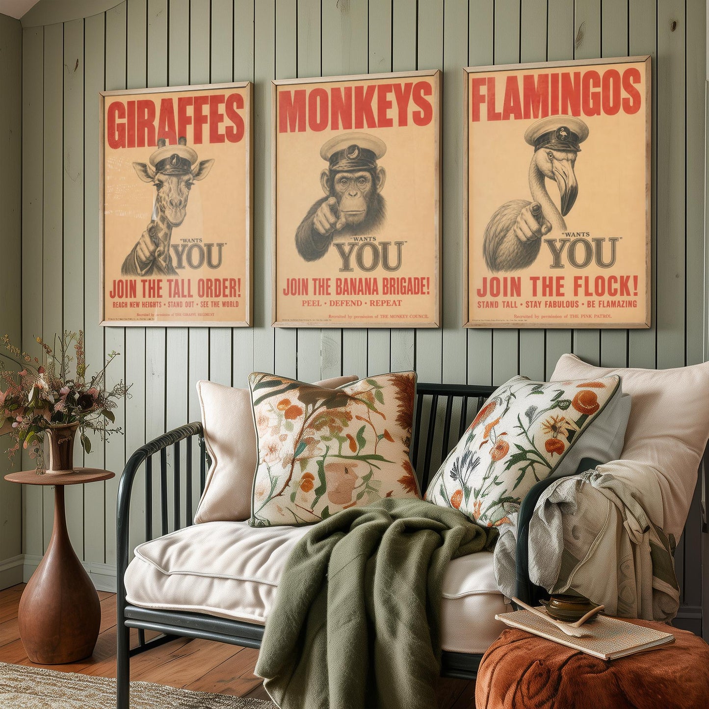 Giraffe Monkey Flamingo Want You Set of Three Art Prints | Funny Animal Illustration Poster