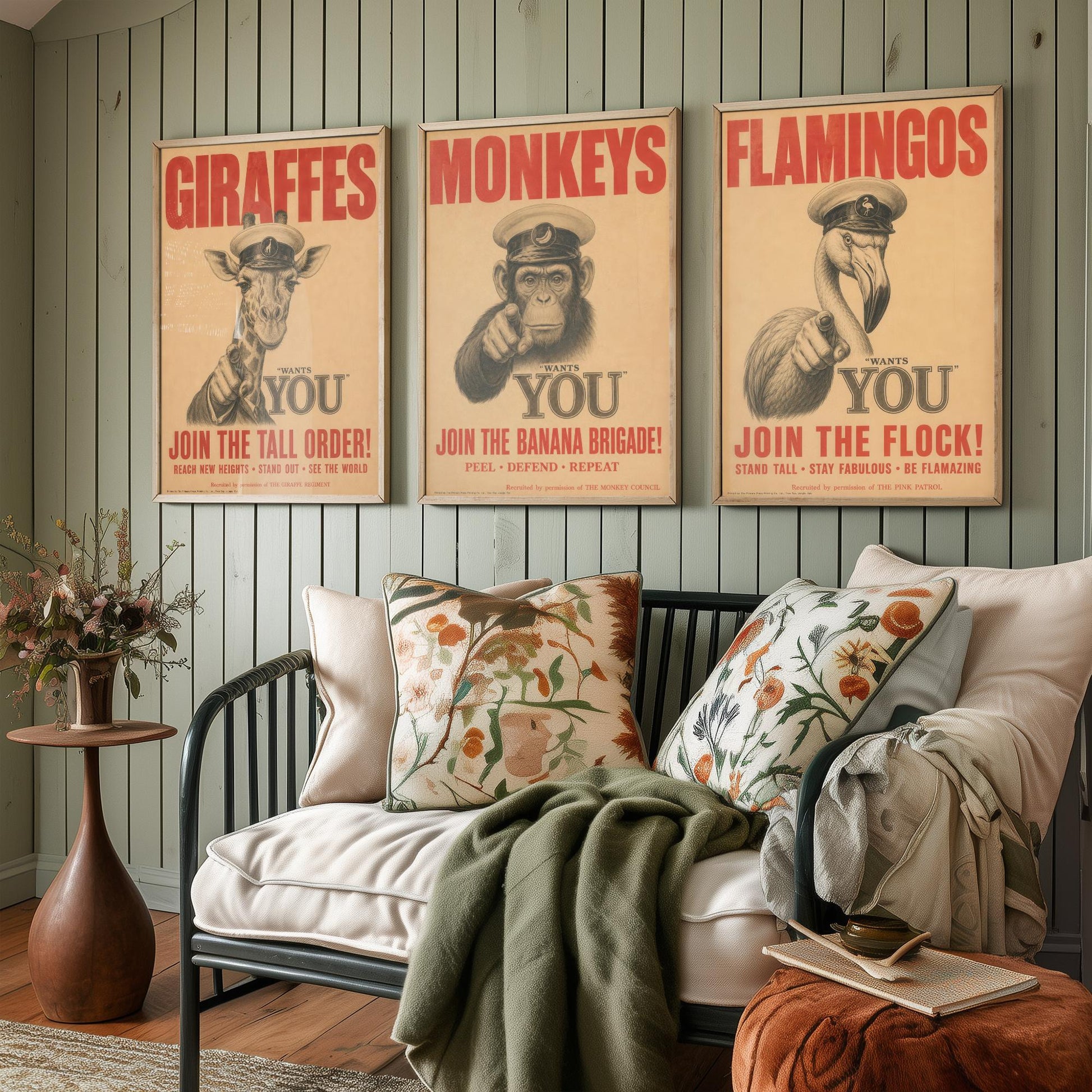 Giraffe Monkey Flamingo Want You Set of Three Art Prints | Funny Animal Illustration Poster