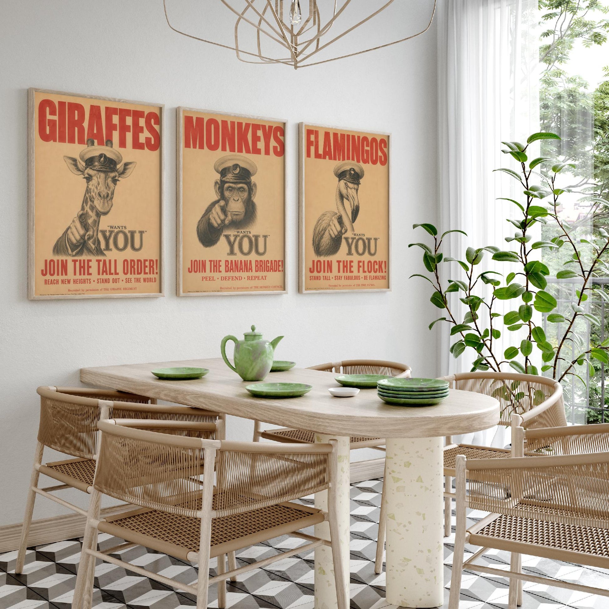 Giraffe Monkey Flamingo Want You Set of Three Art Prints | Funny Animal Illustration Poster