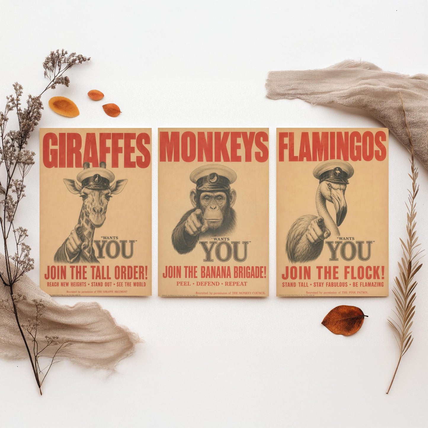Giraffe Monkey Flamingo Want You Set of Three Art Prints | Funny Animal Illustration Poster