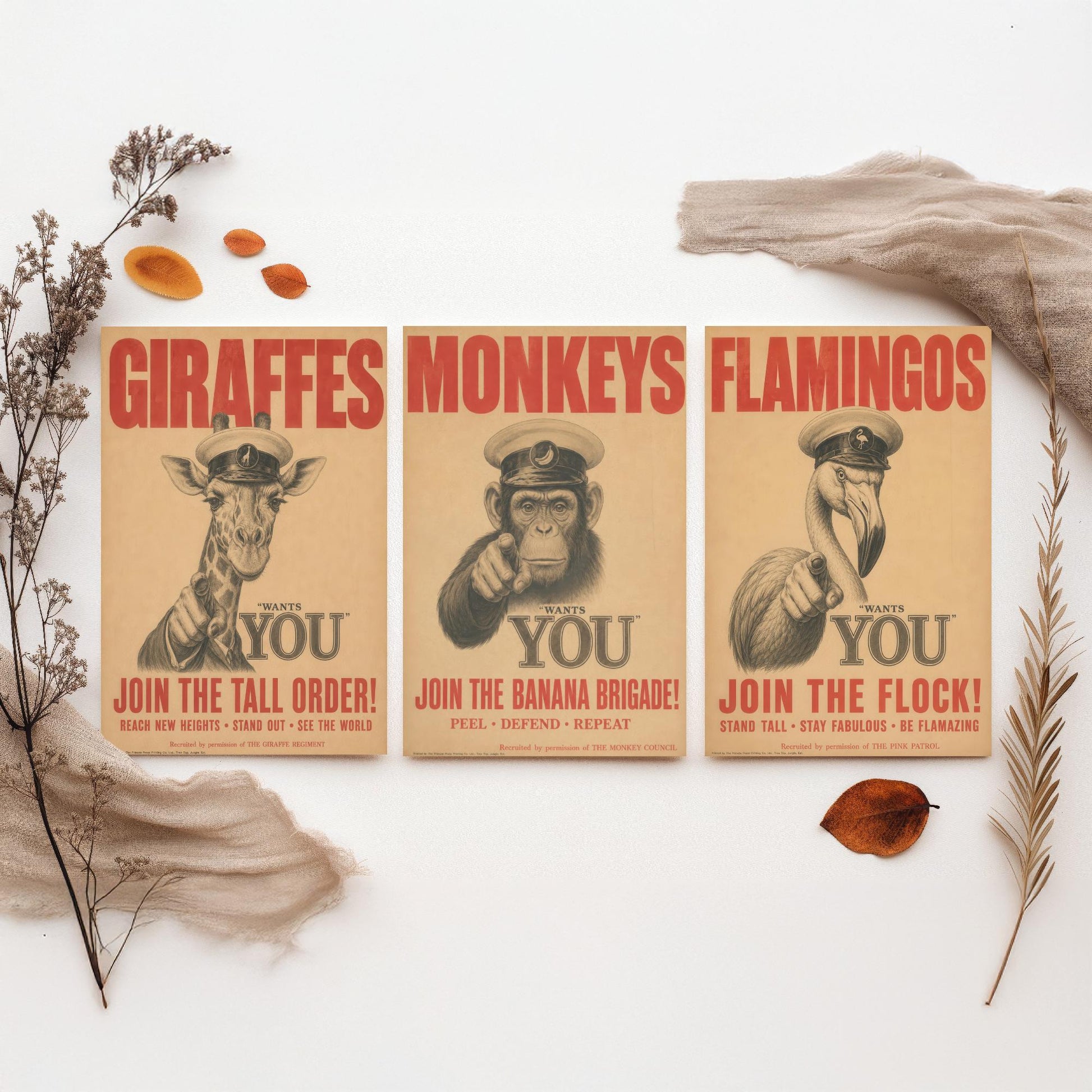 Giraffe Monkey Flamingo Want You Set of Three Art Prints | Funny Animal Illustration Poster