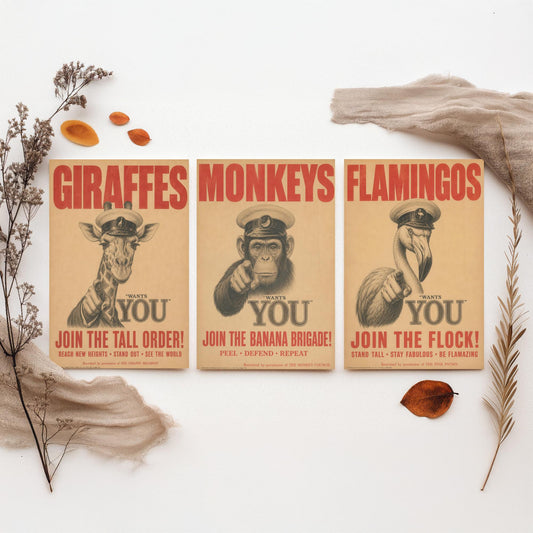 Giraffe Monkey Flamingo Want You Set of Three Art Prints | Funny Animal Illustration Poster