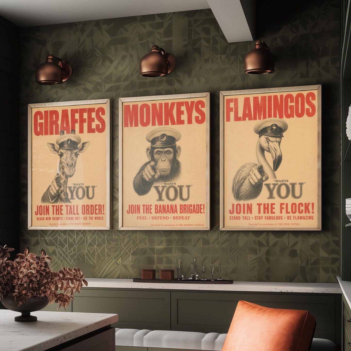 Giraffe Monkey Flamingo Want You Set of Three Art Prints | Funny Animal Illustration Poster