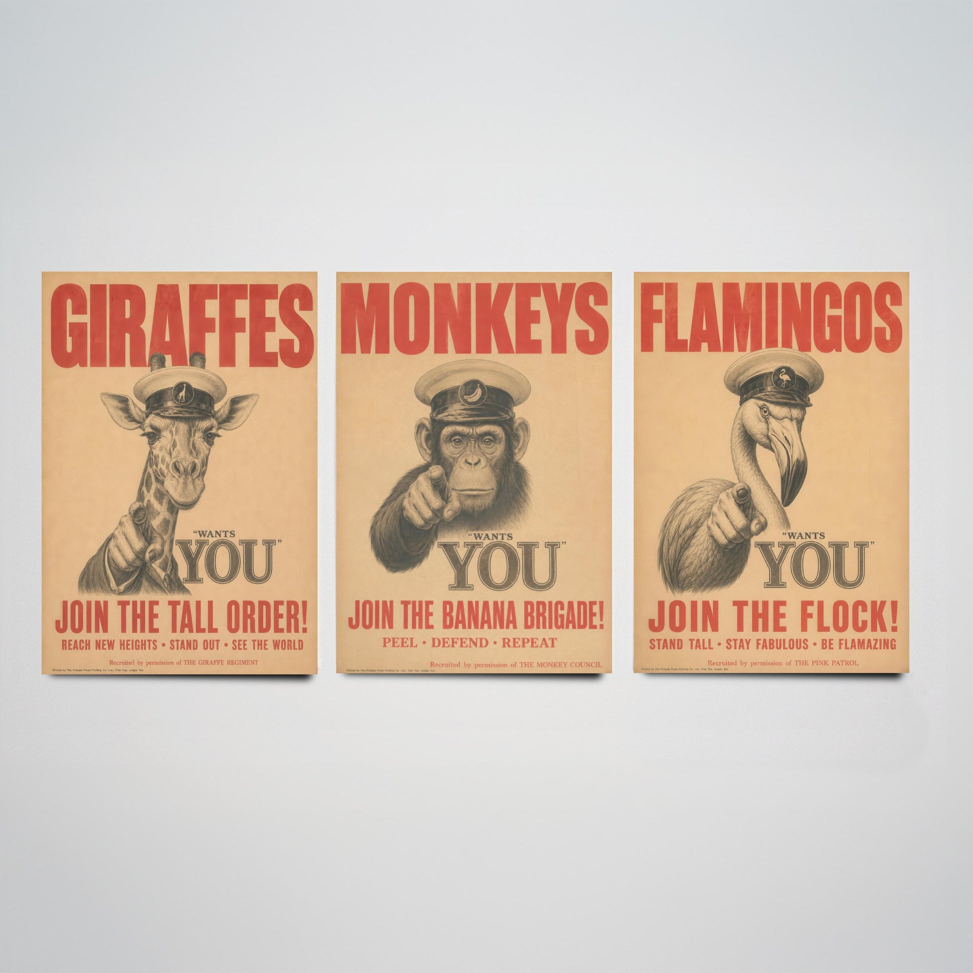 Giraffe Monkey Flamingo Want You Set of Three Art Prints | Funny Animal Illustration Poster
