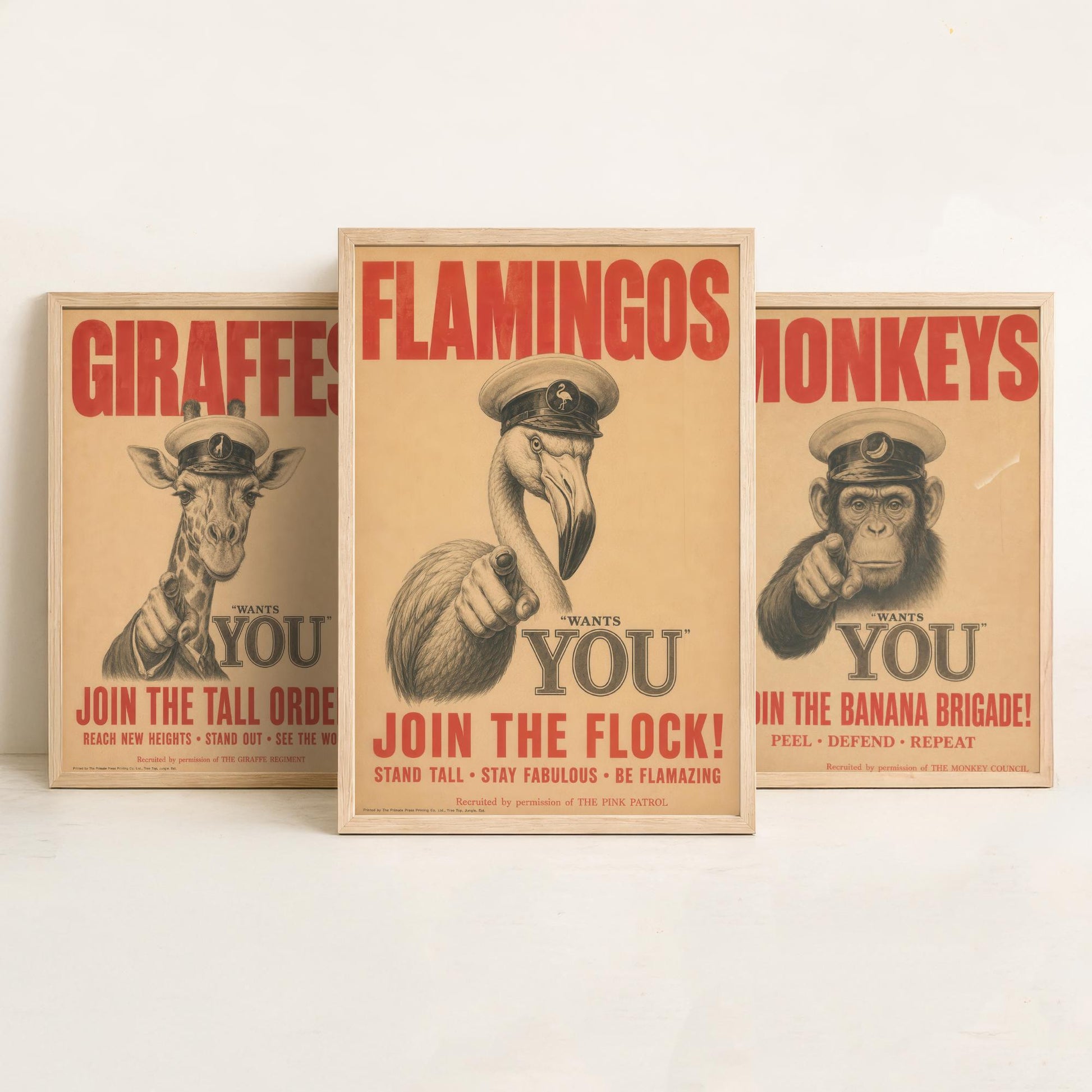 Giraffe Monkey Flamingo Want You Set of Three Art Prints | Funny Animal Illustration Poster