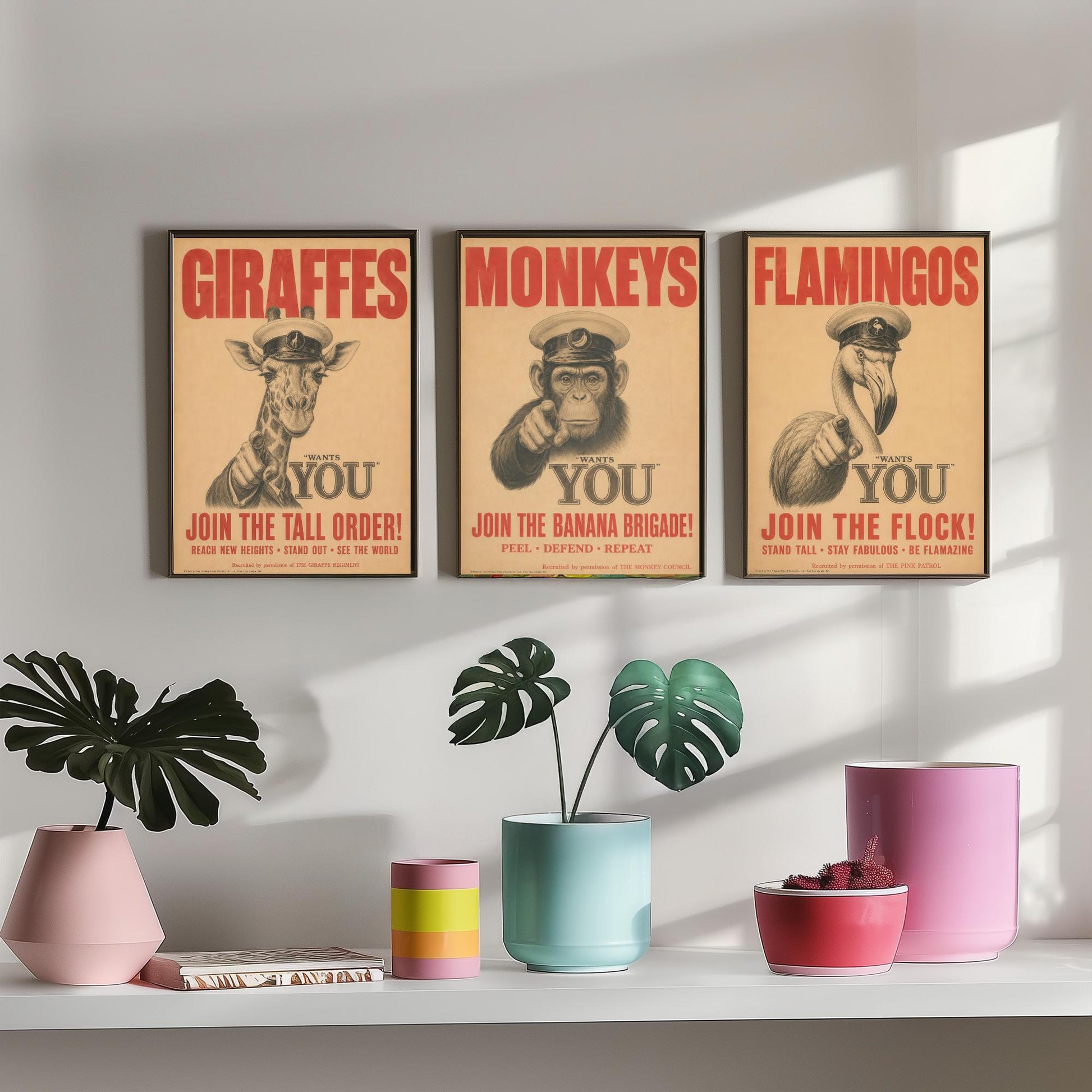 Giraffe Monkey Flamingo Want You Set of Three Art Prints | Funny Animal Illustration Poster