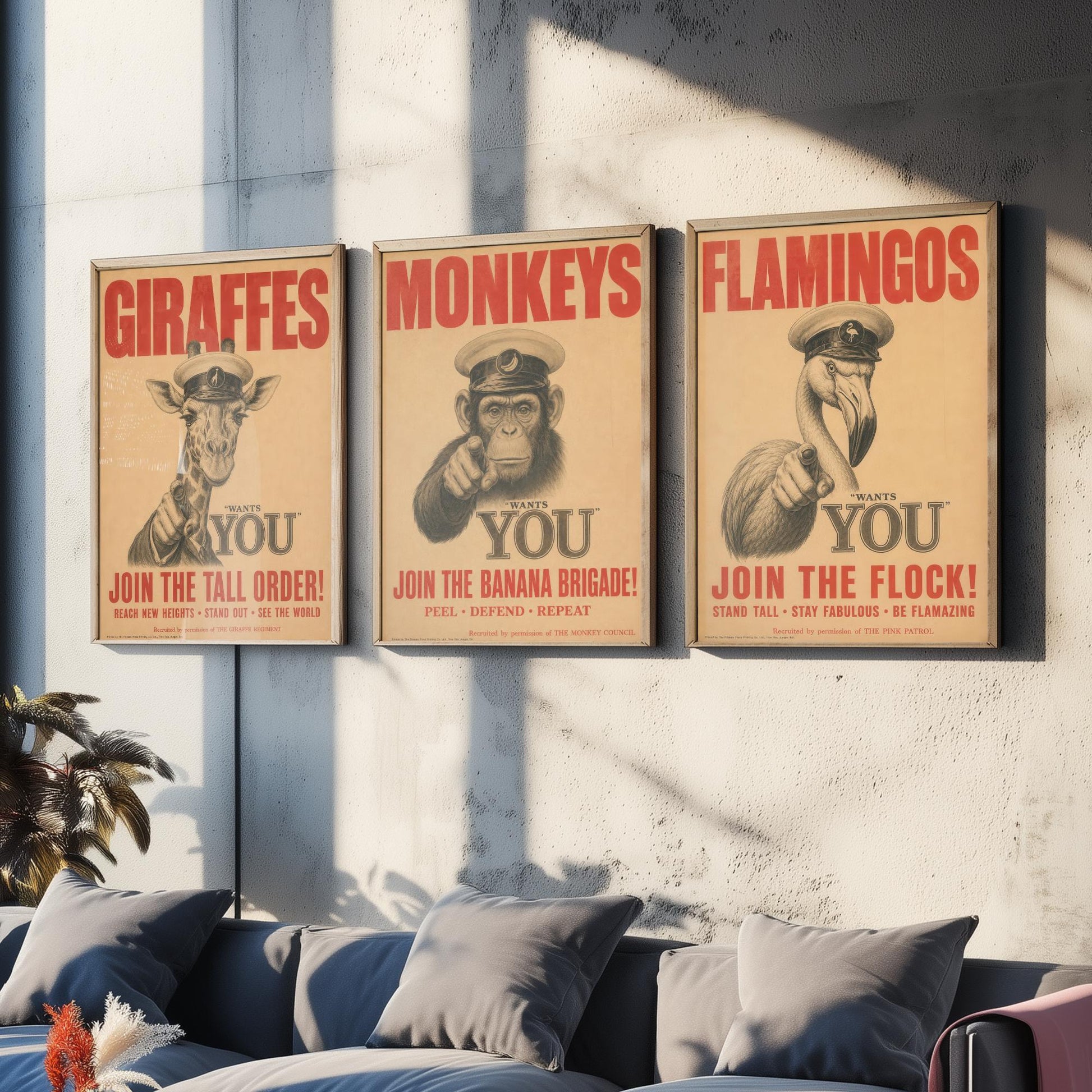 Giraffe Monkey Flamingo Want You Set of Three Art Prints | Funny Animal Illustration Poster