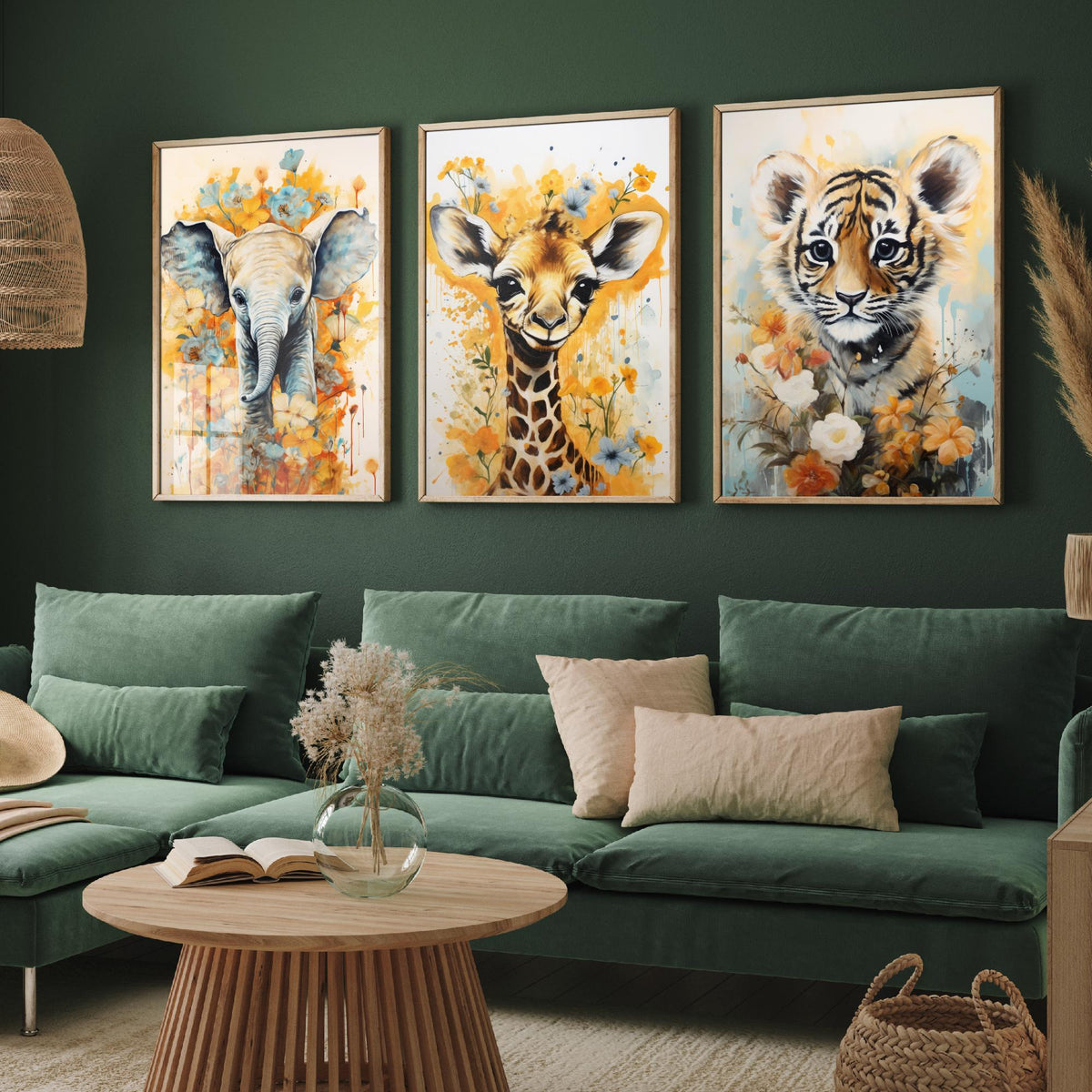 Baby Elephant, Giraffe and Tiger Cub Set of Three Art Prints - Yellow Floral Safari Nursery Poster - Watercolour