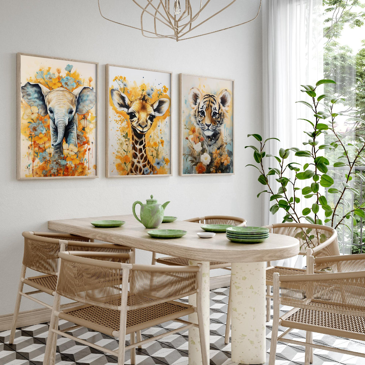Baby Elephant, Giraffe and Tiger Cub Set of Three Art Prints - Yellow Floral Safari Nursery Poster - Watercolour