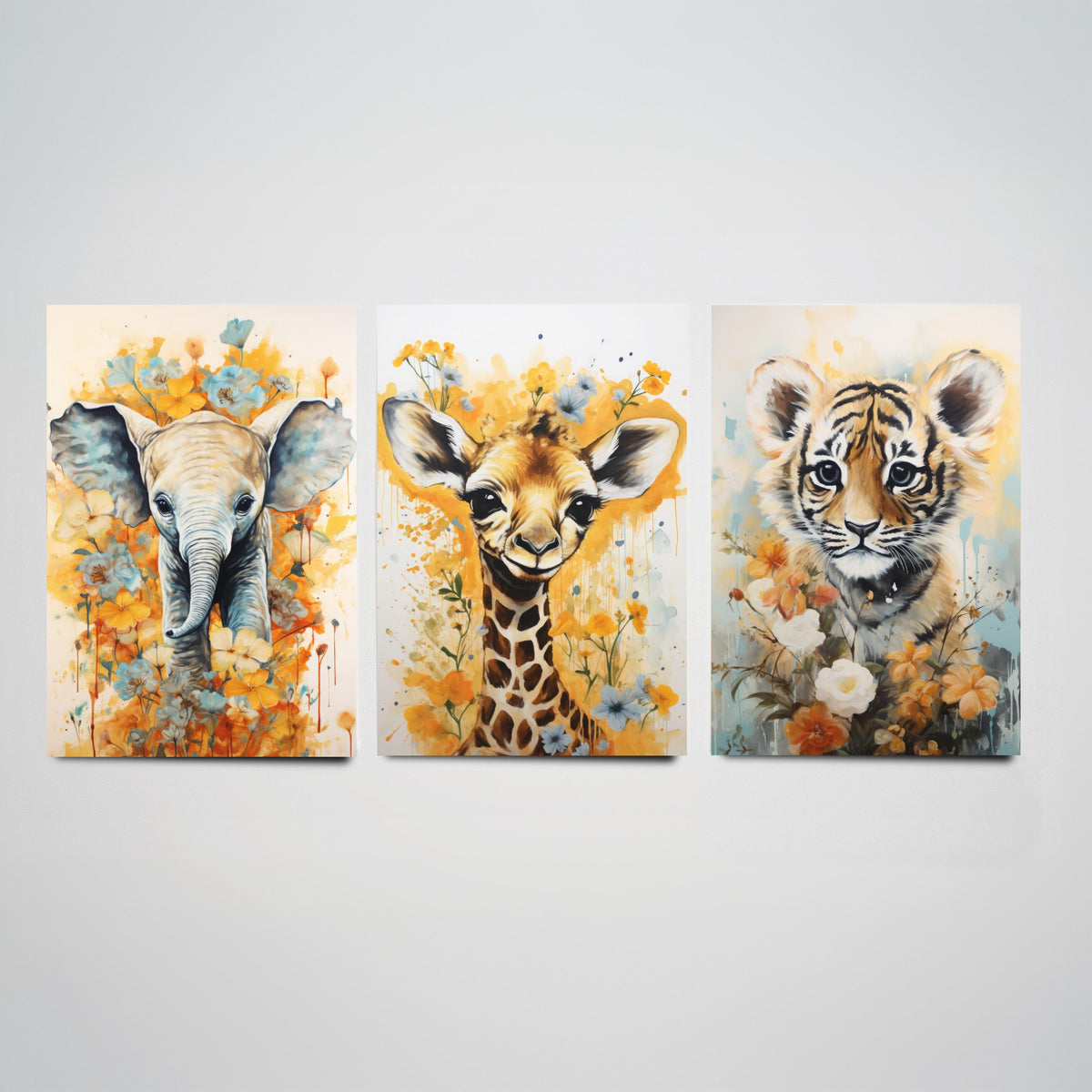 Baby Elephant, Giraffe and Tiger Cub Set of Three Art Prints - Yellow Floral Safari Nursery Poster - Watercolour