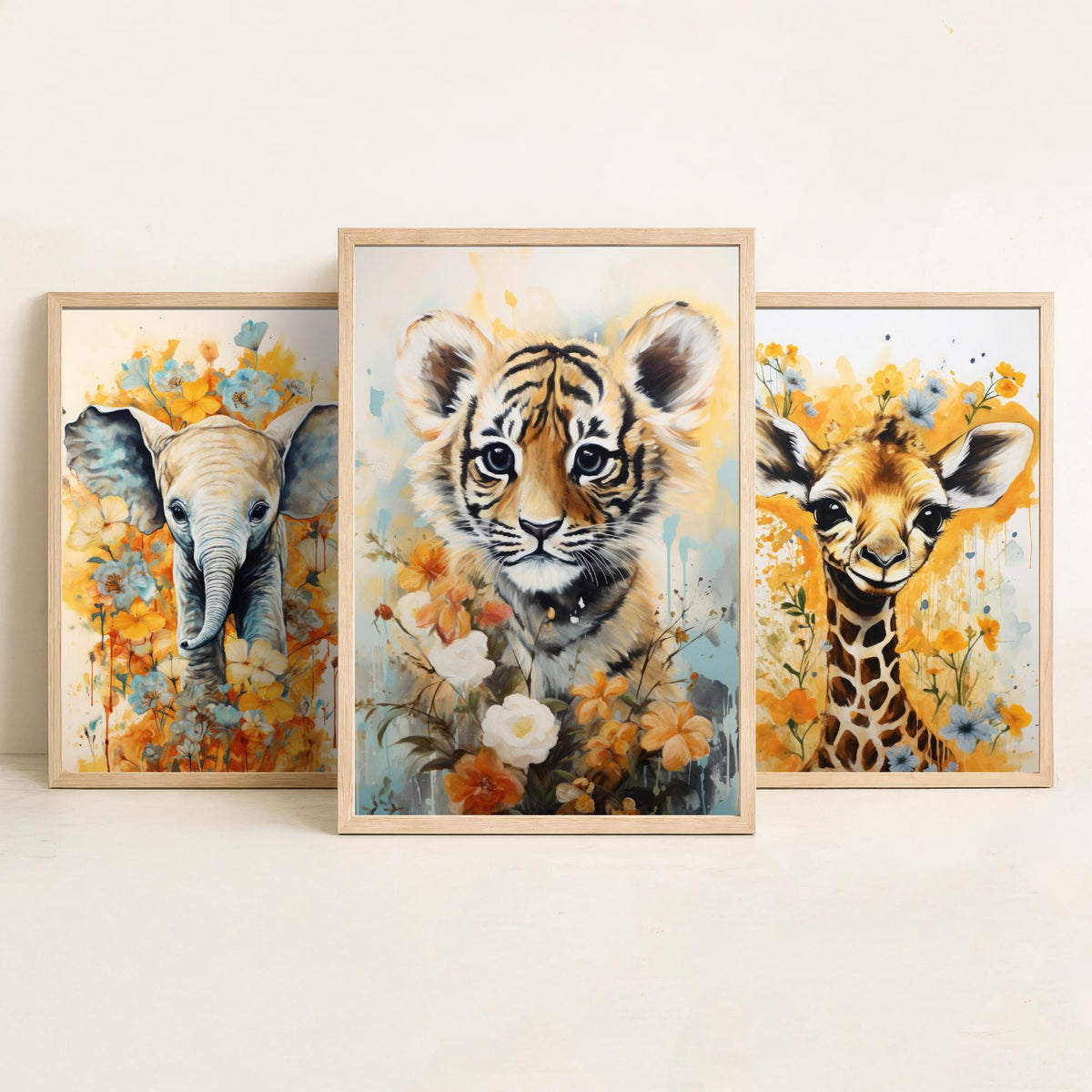 Baby Elephant, Giraffe and Tiger Cub Set of Three Art Prints - Yellow Floral Safari Nursery Poster - Watercolour