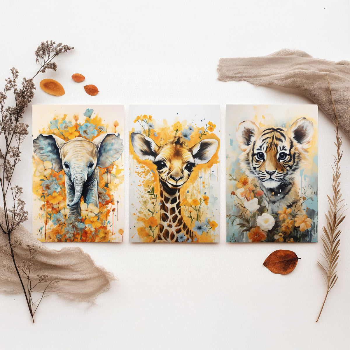 Baby Elephant, Giraffe and Tiger Cub Set of Three Art Prints - Yellow Floral Safari Nursery Poster - Watercolour