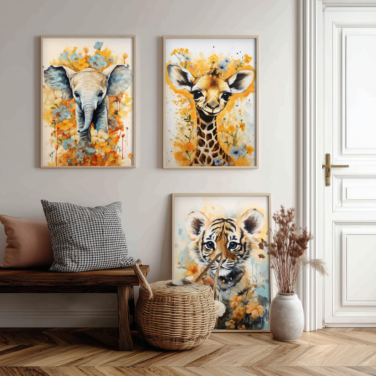 Baby Elephant, Giraffe and Tiger Cub Set of Three Art Prints - Yellow Floral Safari Nursery Poster - Watercolour