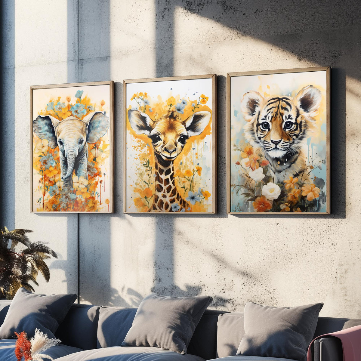 Baby Elephant, Giraffe and Tiger Cub Set of Three Art Prints - Yellow Floral Safari Nursery Poster - Watercolour