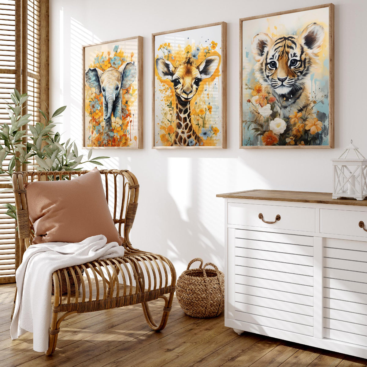 Baby Elephant, Giraffe and Tiger Cub Set of Three Art Prints - Yellow Floral Safari Nursery Poster - Watercolour