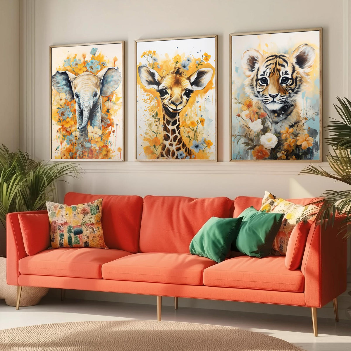 Baby Elephant, Giraffe and Tiger Cub Set of Three Art Prints - Yellow Floral Safari Nursery Poster - Watercolour