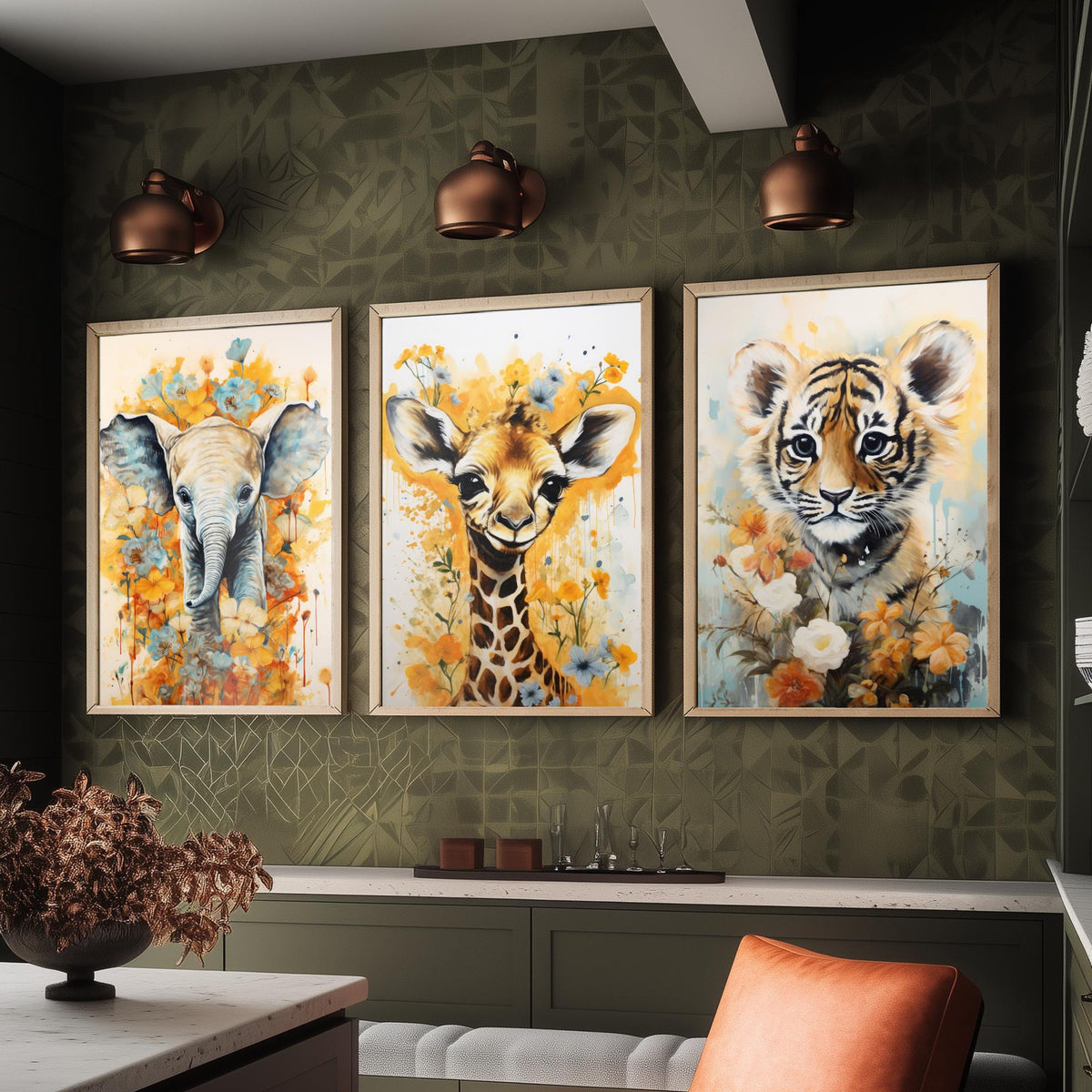 Baby Elephant, Giraffe and Tiger Cub Set of Three Art Prints - Yellow Floral Safari Nursery Poster - Watercolour