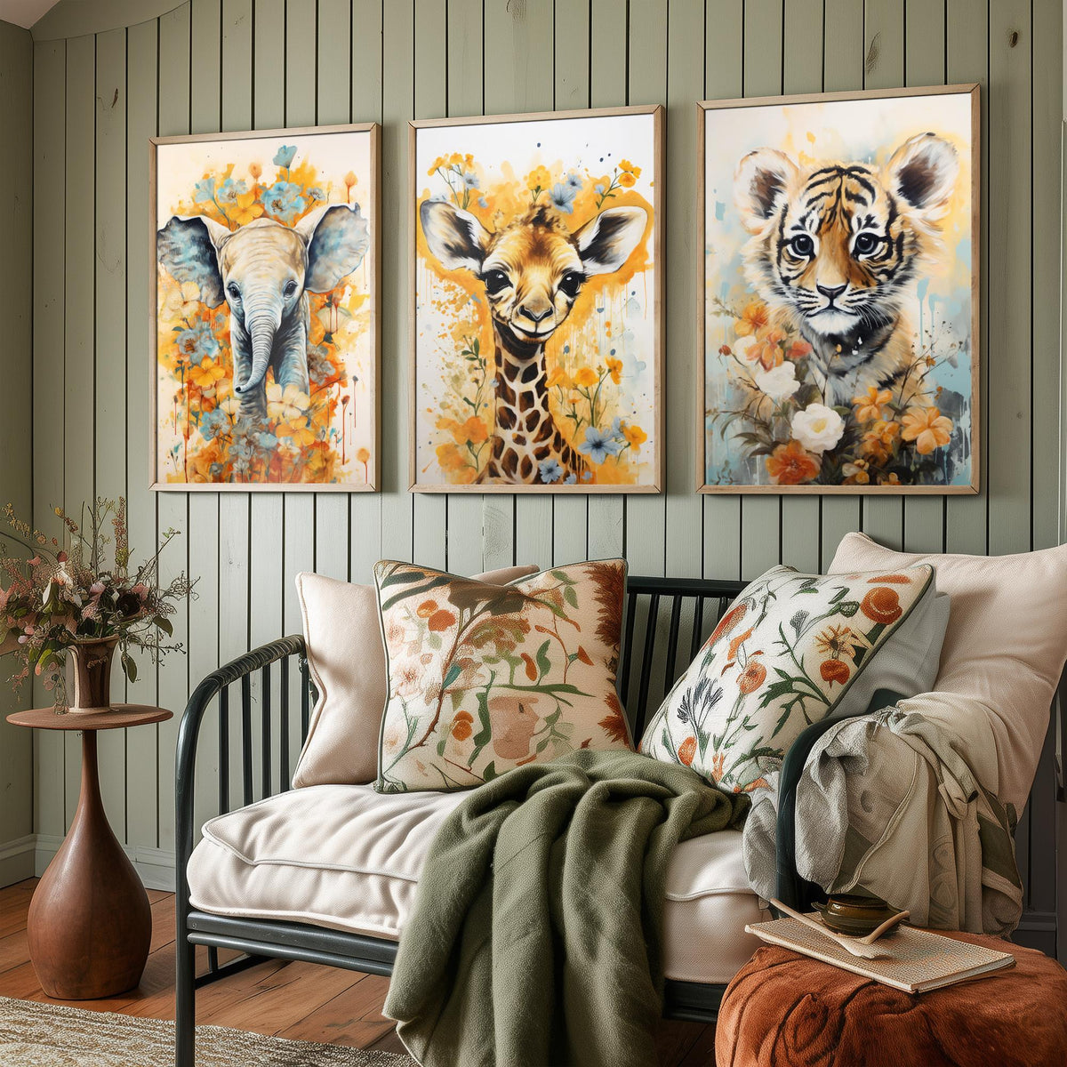 Baby Elephant, Giraffe and Tiger Cub Set of Three Art Prints - Yellow Floral Safari Nursery Poster - Watercolour