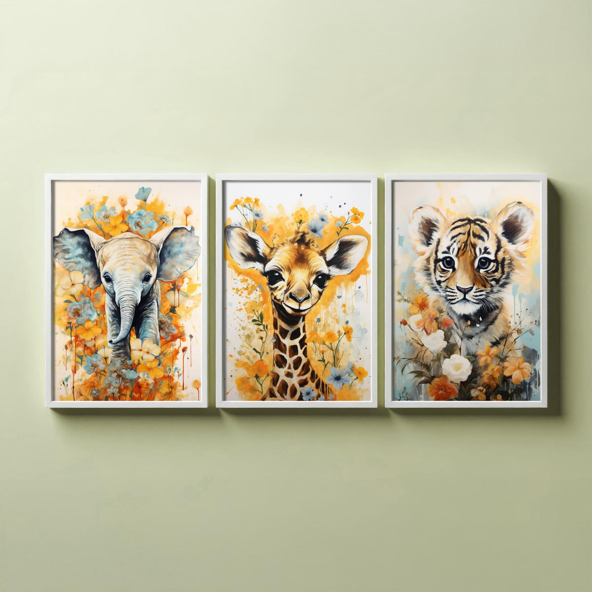 Baby Elephant, Giraffe and Tiger Cub Set of Three Art Prints - Yellow Floral Safari Nursery Poster - Watercolour
