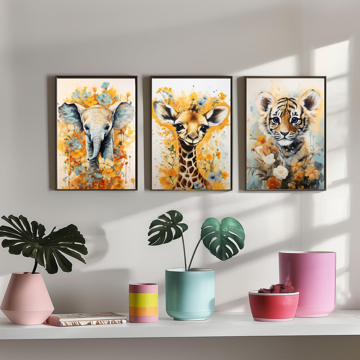 Baby Elephant, Giraffe and Tiger Cub Set of Three Art Prints - Yellow Floral Safari Nursery Poster - Watercolour