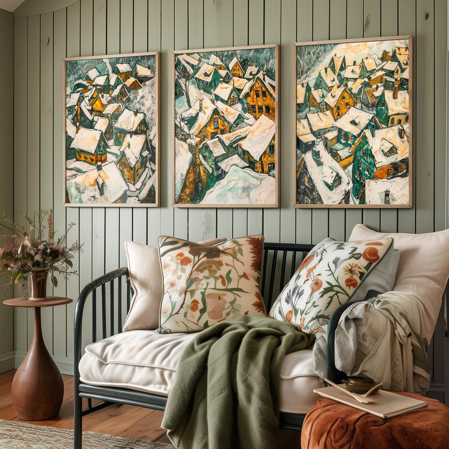 Yellow Snow Village Rooftops Set of Three Art Prints | Expressionist Painting Poster