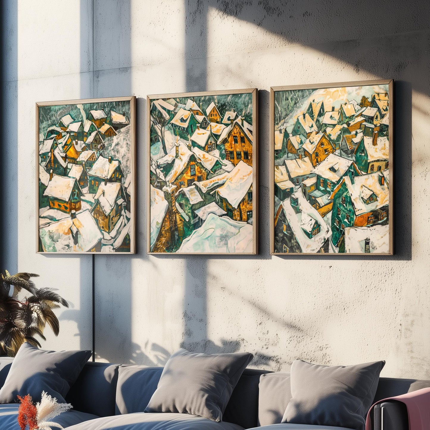 Yellow Snow Village Rooftops Set of Three Art Prints | Expressionist Painting Poster