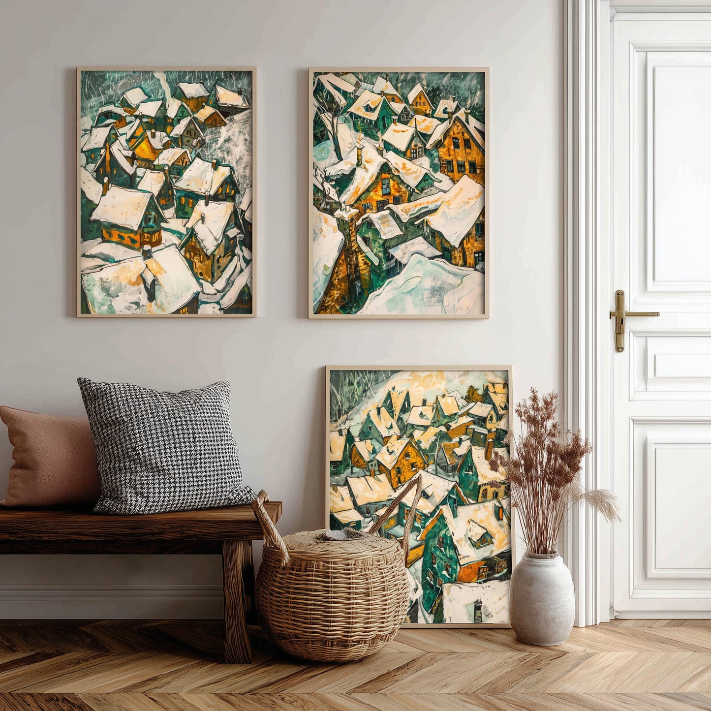 Yellow Snow Village Rooftops Set of Three Art Prints | Expressionist Painting Poster